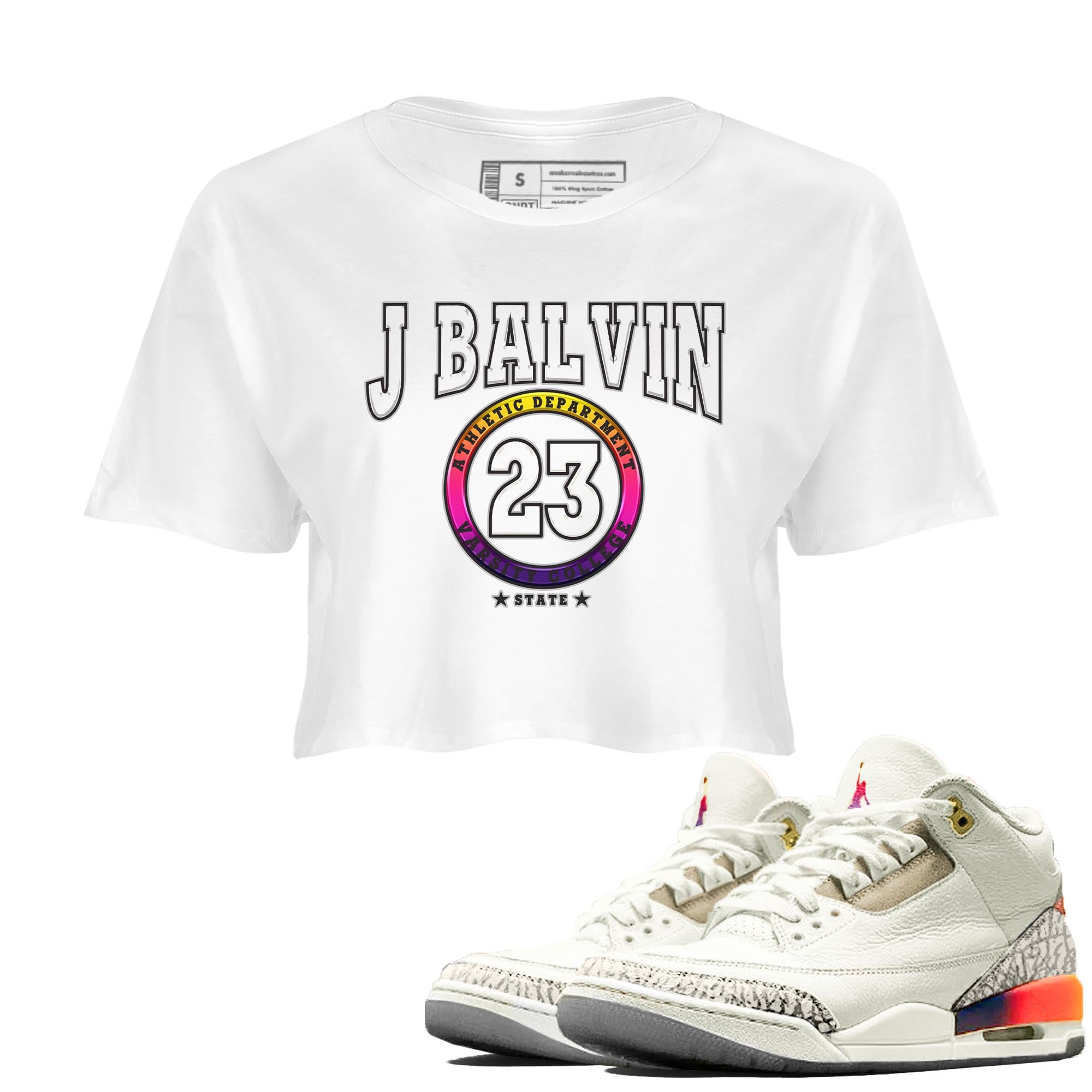 Air Jordan 3 J Balvin shirt to match jordans Varsity sneaker tees Crew Neck Air Jordan 3 X J Balvin SNRT Sneaker Release Tees White 1 Crop T-Shirt