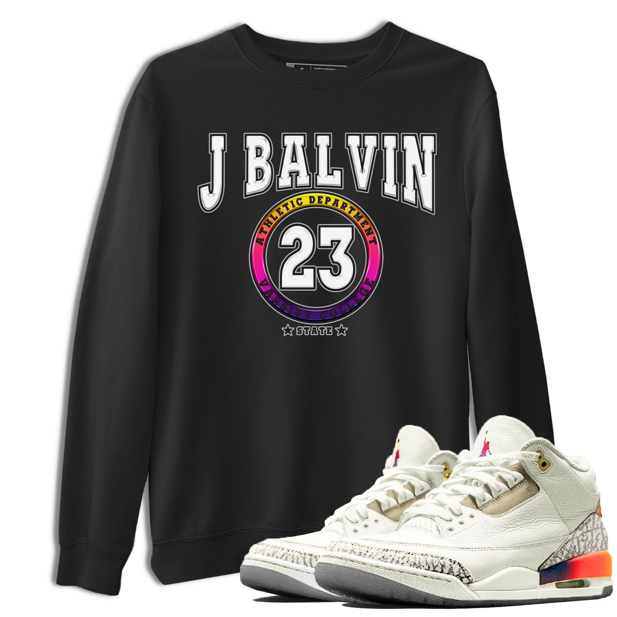 Air Jordan 3 J Balvin shirt to match jordans Varsity sneaker tees Crew Neck Air Jordan 3 X J Balvin SNRT Sneaker Release Tees Unisex Casual Shirts Black 1 T-Shirt