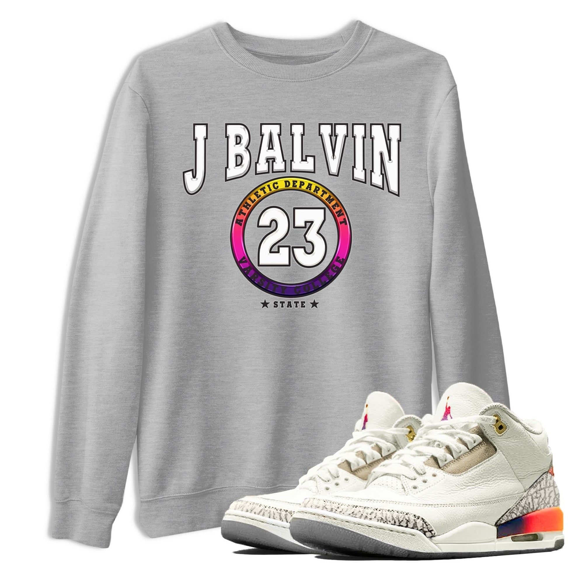 Air Jordan 3 J Balvin shirt to match jordans Varsity sneaker tees Crew Neck Air Jordan 3 X J Balvin SNRT Sneaker Release Tees Unisex Casual Shirts Heather Grey 1 T-Shirt
