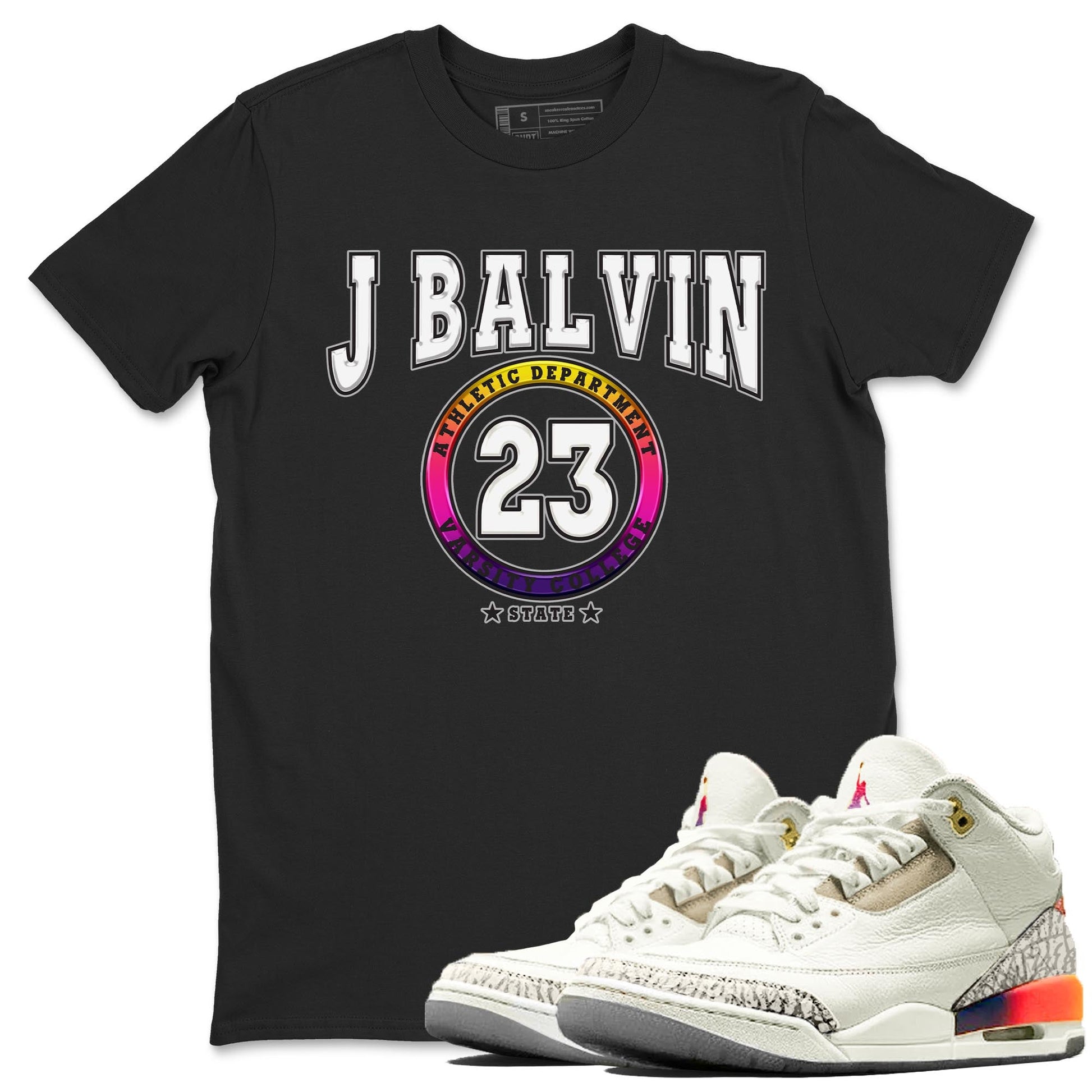 Air Jordan 3 J Balvin shirt to match jordans Varsity sneaker tees Crew Neck Air Jordan 3 X J Balvin SNRT Sneaker Release Tees Unisex Casual Shirts Black 1 T-Shirt