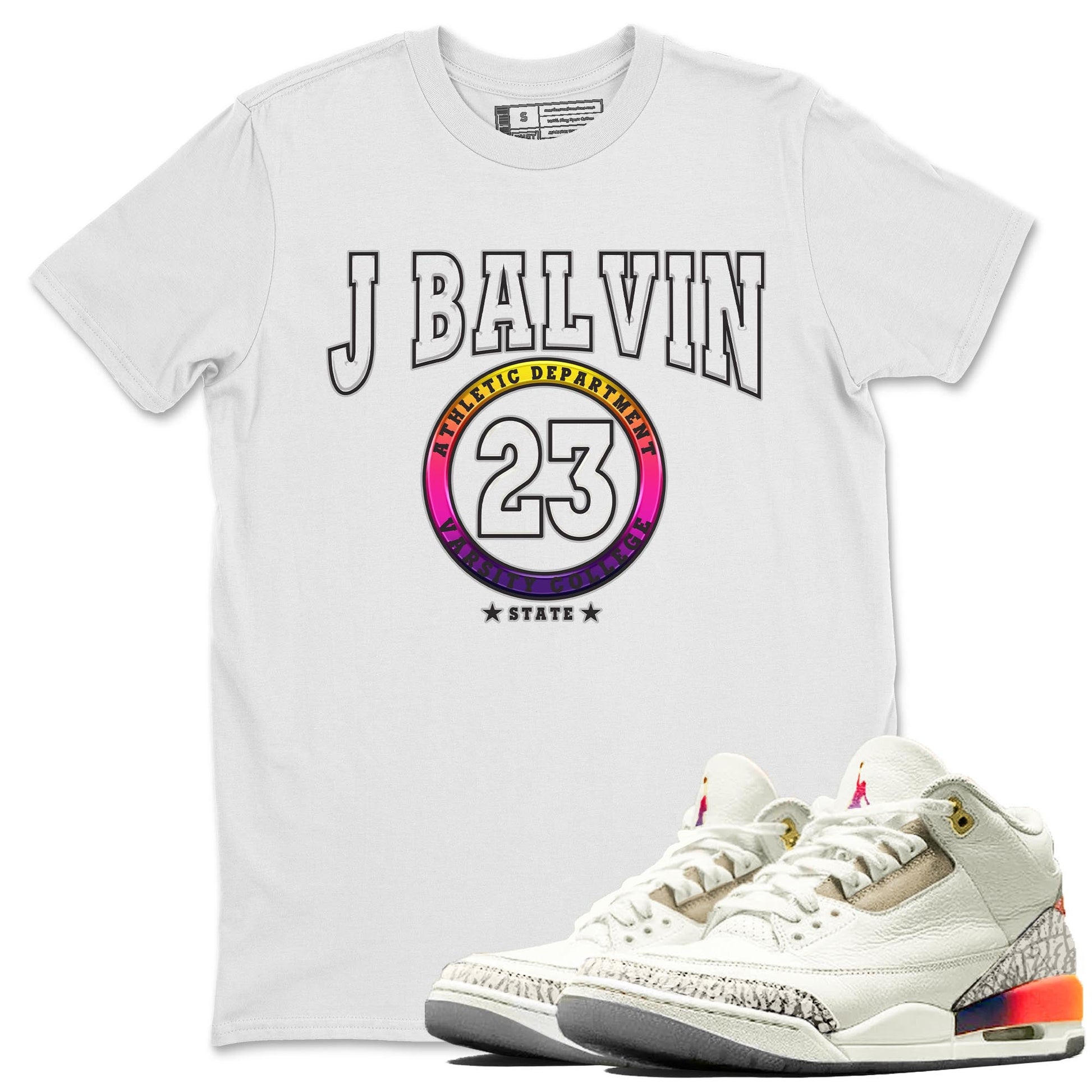 Air Jordan 3 J Balvin shirt to match jordans Varsity sneaker tees Crew Neck Air Jordan 3 X J Balvin SNRT Sneaker Release Tees Unisex Casual Shirts White 1 T-Shirt