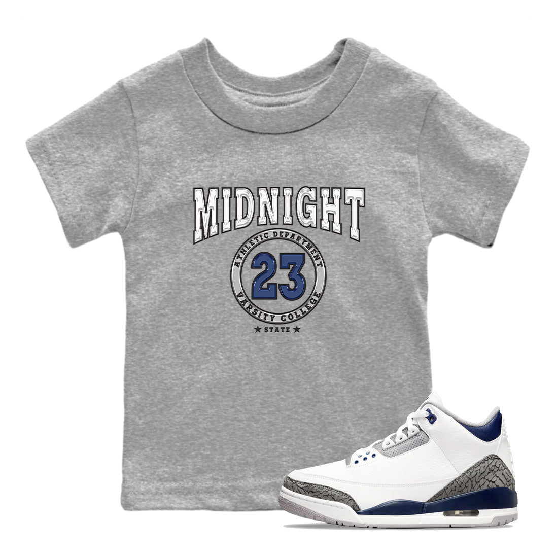Air Jordan 3 Retro Midnight Navy shirt to match jordans Varsity sneaker shirt 3s Midnight Navy SNRT sneaker tees baby toddler Heather Grey 1 cotton Shirt