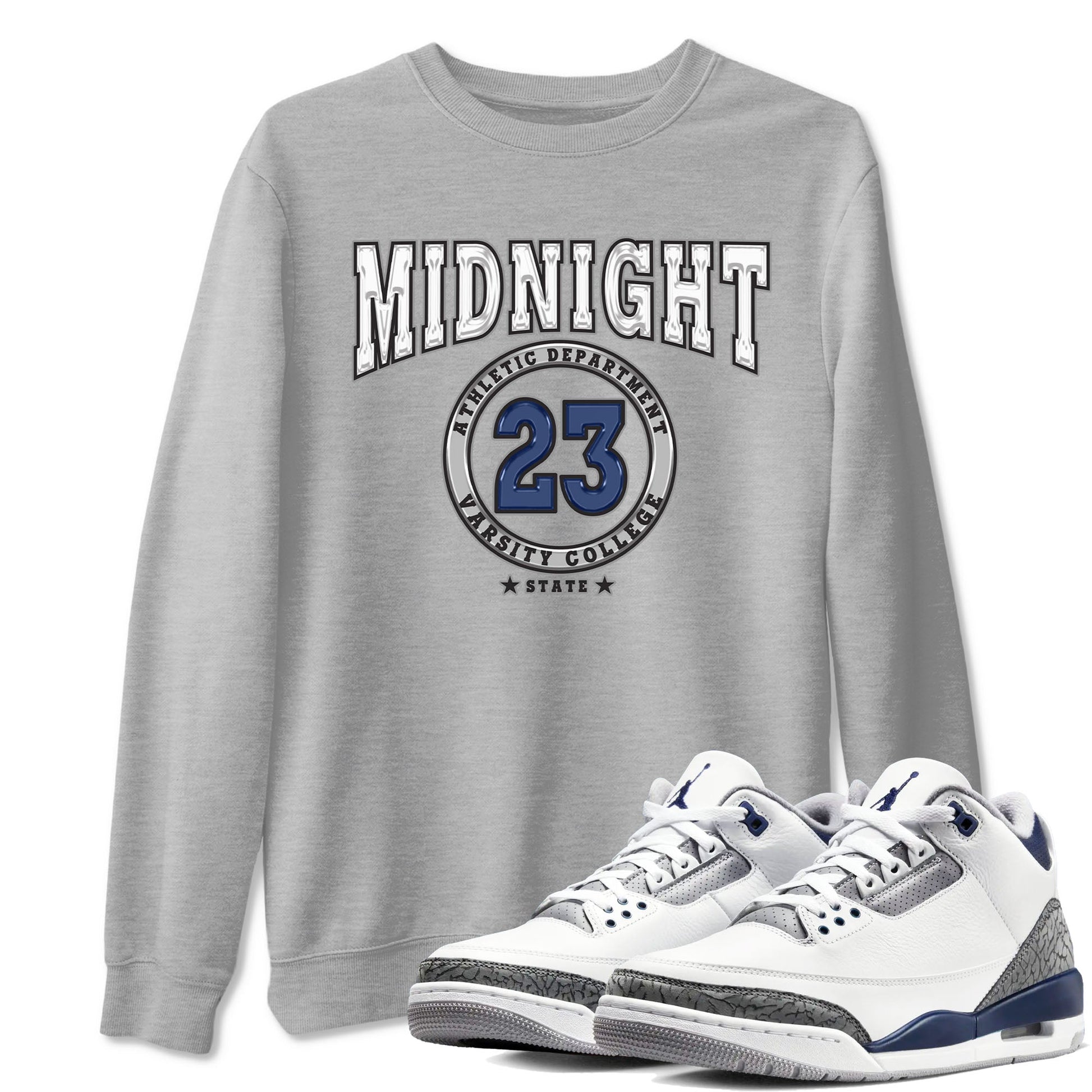 Air Jordan 3 Retro Midnight Navy shirt to match jordans Varsity sneaker shirt 3s Midnight Navy SNRT sneaker tees unisex crew neck cotton Heather Grey 1 crew neck shirt