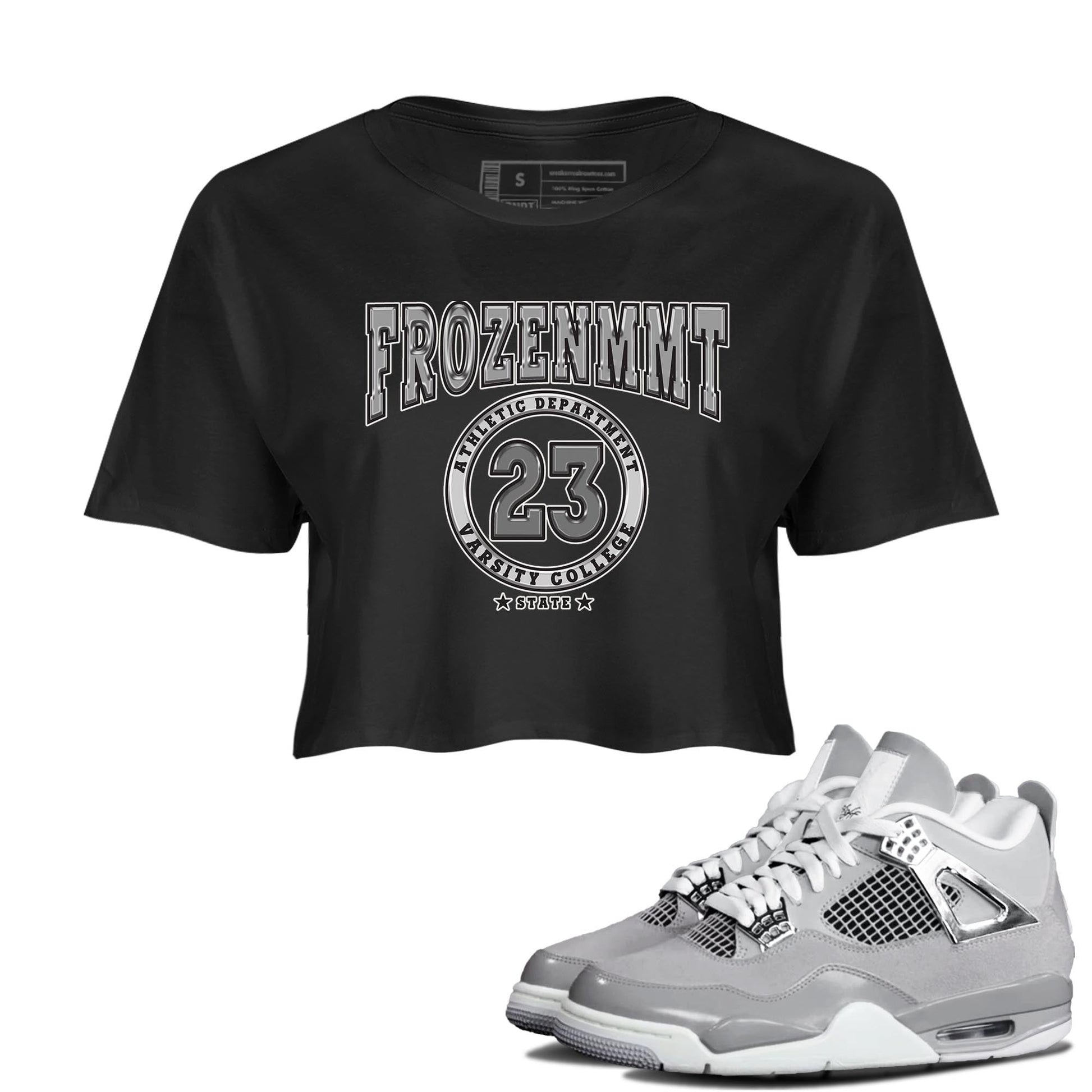 AJ4 Frozen Moments shirt to match jordans Varsity sneaker tees Crew Neck AJ4 Frozen Moments SNRT Sneaker Release Tees Black 1 Crop T-Shirt