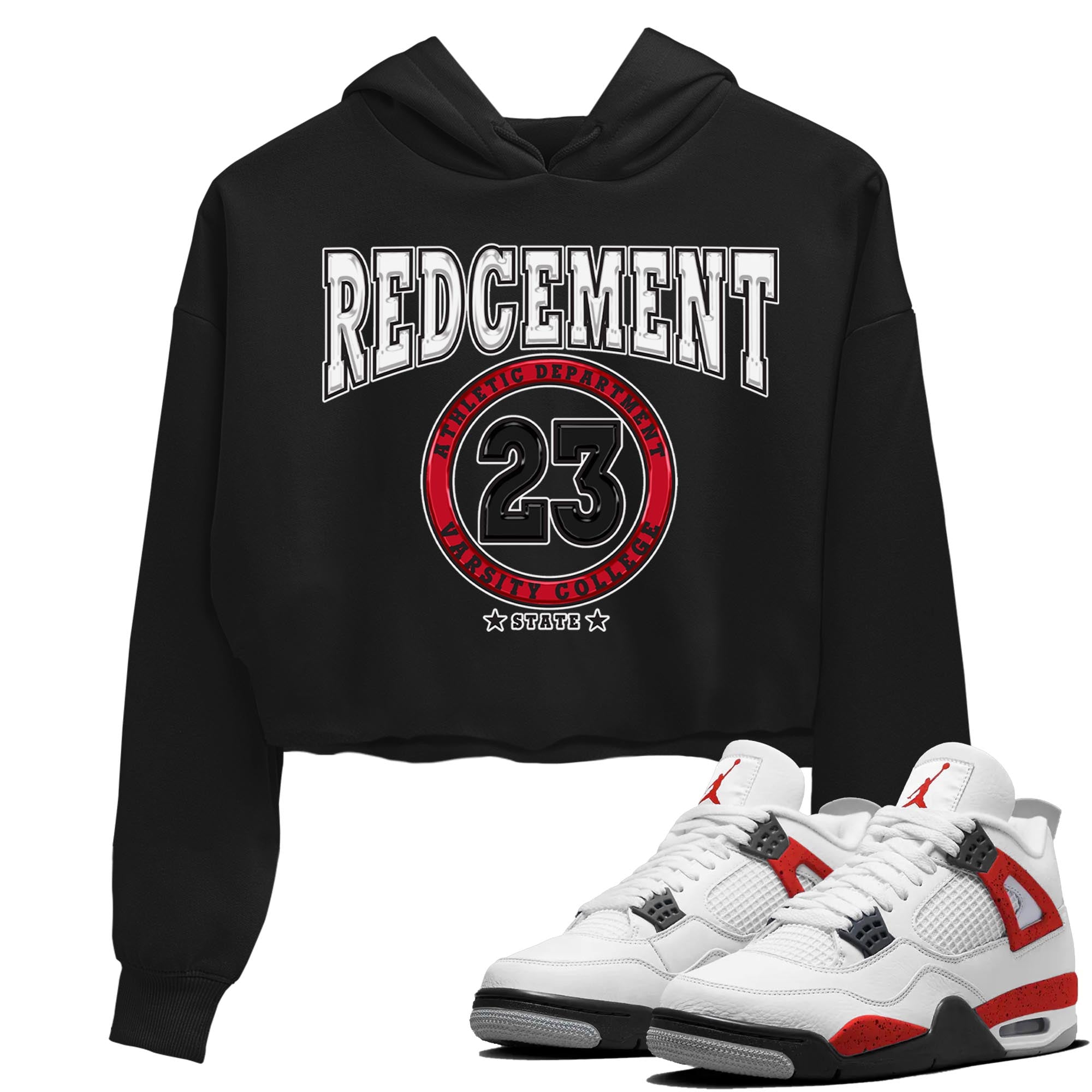 4s Red Cement shirt to match jordans Varsity sneaker tees Air Jordan 4 Red Cement SNRT Sneaker Release Tees Black 1 Crop T-Shirt