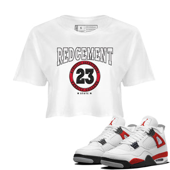 4s Red Cement shirt to match jordans Varsity sneaker tees Air Jordan 4 Red Cement SNRT Sneaker Release Tees White 1 Crop T-Shirt