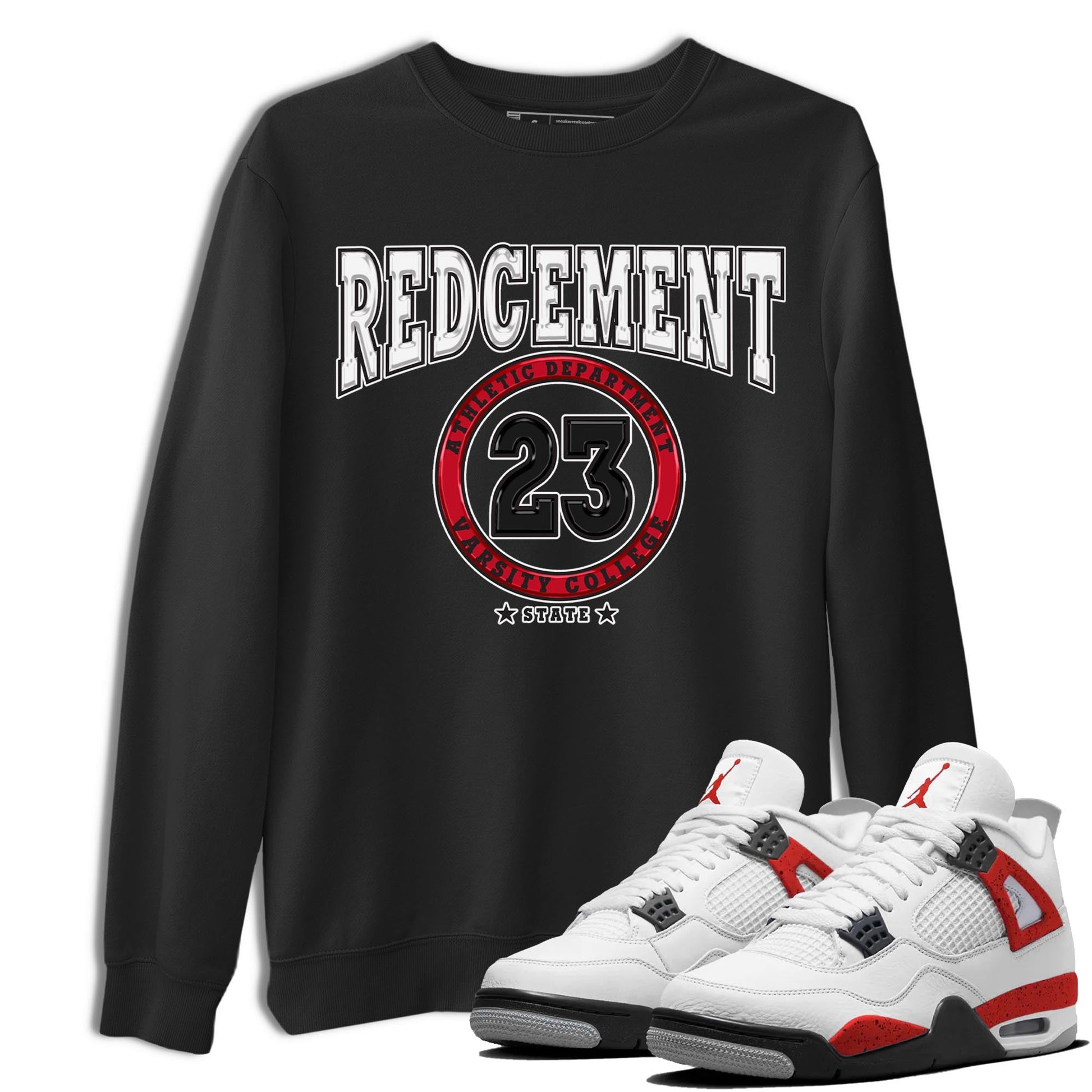 4s Red Cement shirt to match jordans Varsity sneaker tees Air Jordan 4 Red Cement SNRT Sneaker Release Tees Crew Neck Casual Unisex Black 1 T-Shirt