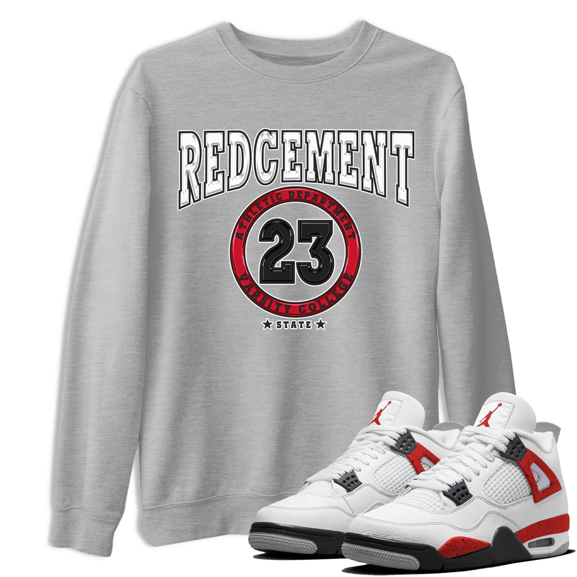 4s Red Cement shirt to match jordans Varsity sneaker tees Air Jordan 4 Red Cement SNRT Sneaker Release Tees Crew Neck Casual Unisex Heather Grey 1 T-Shirt
