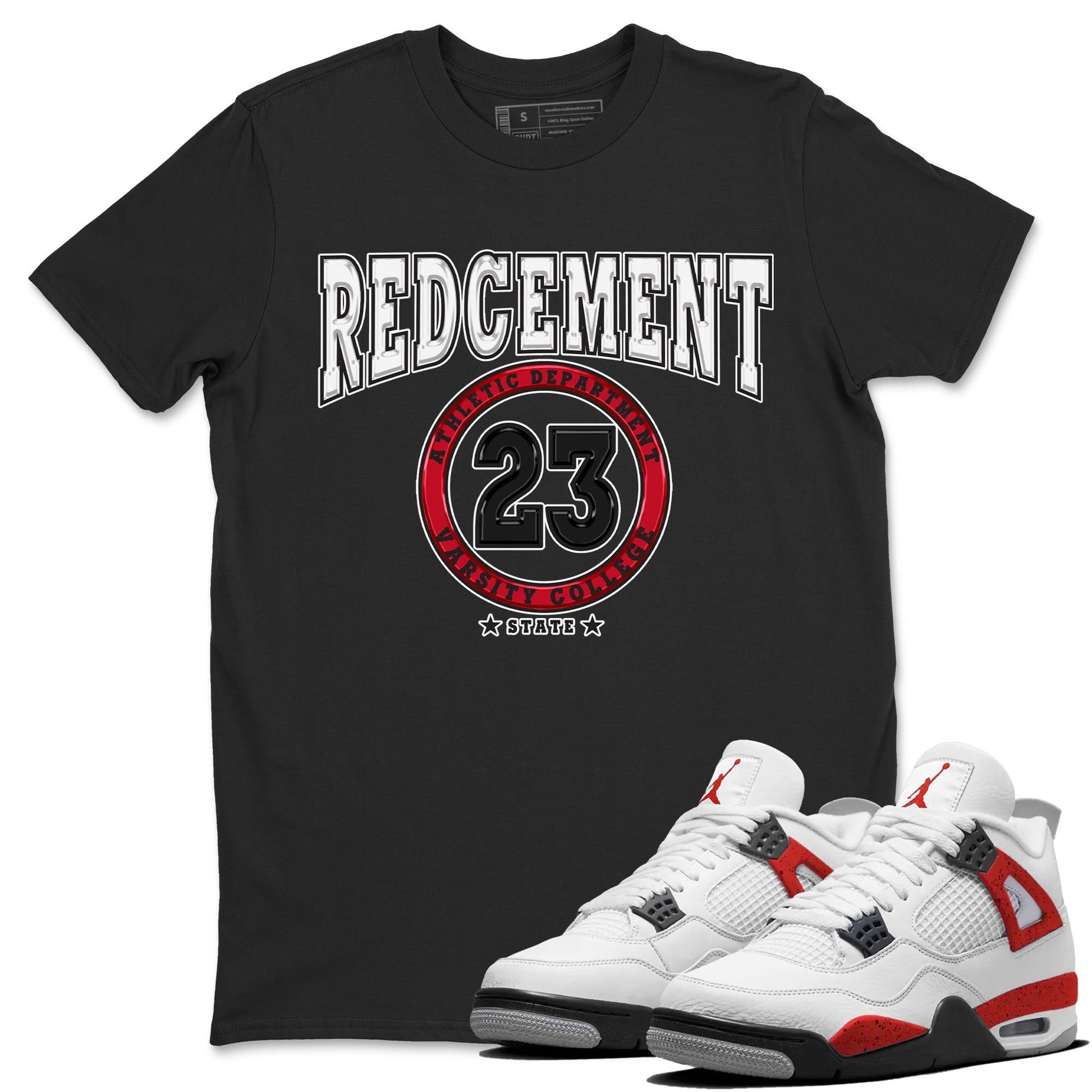 4s Red Cement shirt to match jordans Varsity sneaker tees Air Jordan 4 Red Cement SNRT Sneaker Release Tees Crew Neck Casual Unisex Black 1 T-Shirt