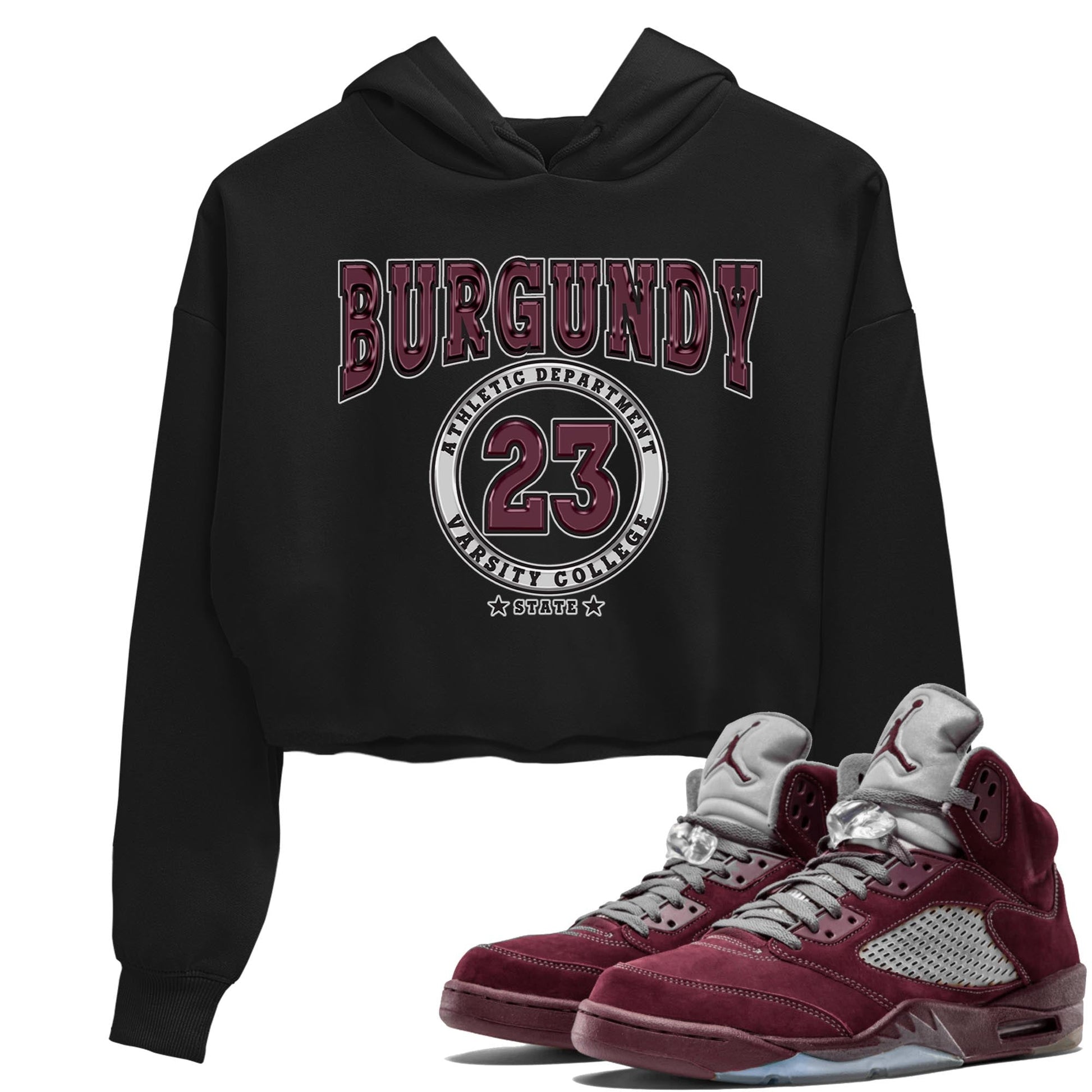 Jordan 5 Burgundy shirt to match jordans Varsity sneaker tees Crew Neck AJ5 Burgundy SNRT Sneaker Release Tees Black 1 Crop T-Shirt