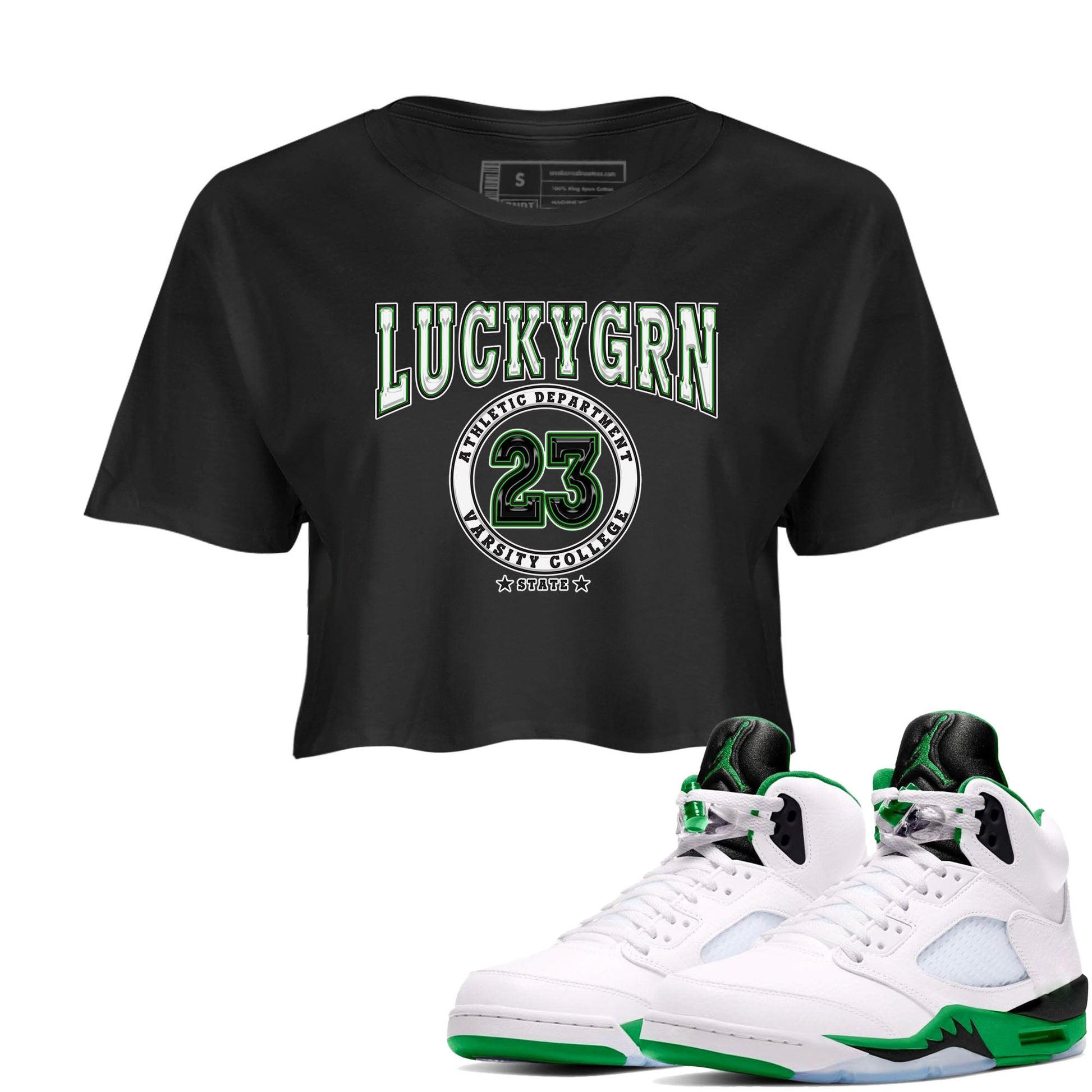 5s Lucky Green shirt to match jordans Varsity sneaker tees Air Jordan 5 Lucky Green SNRT Sneaker Release Tees Black 1 crop length shirt