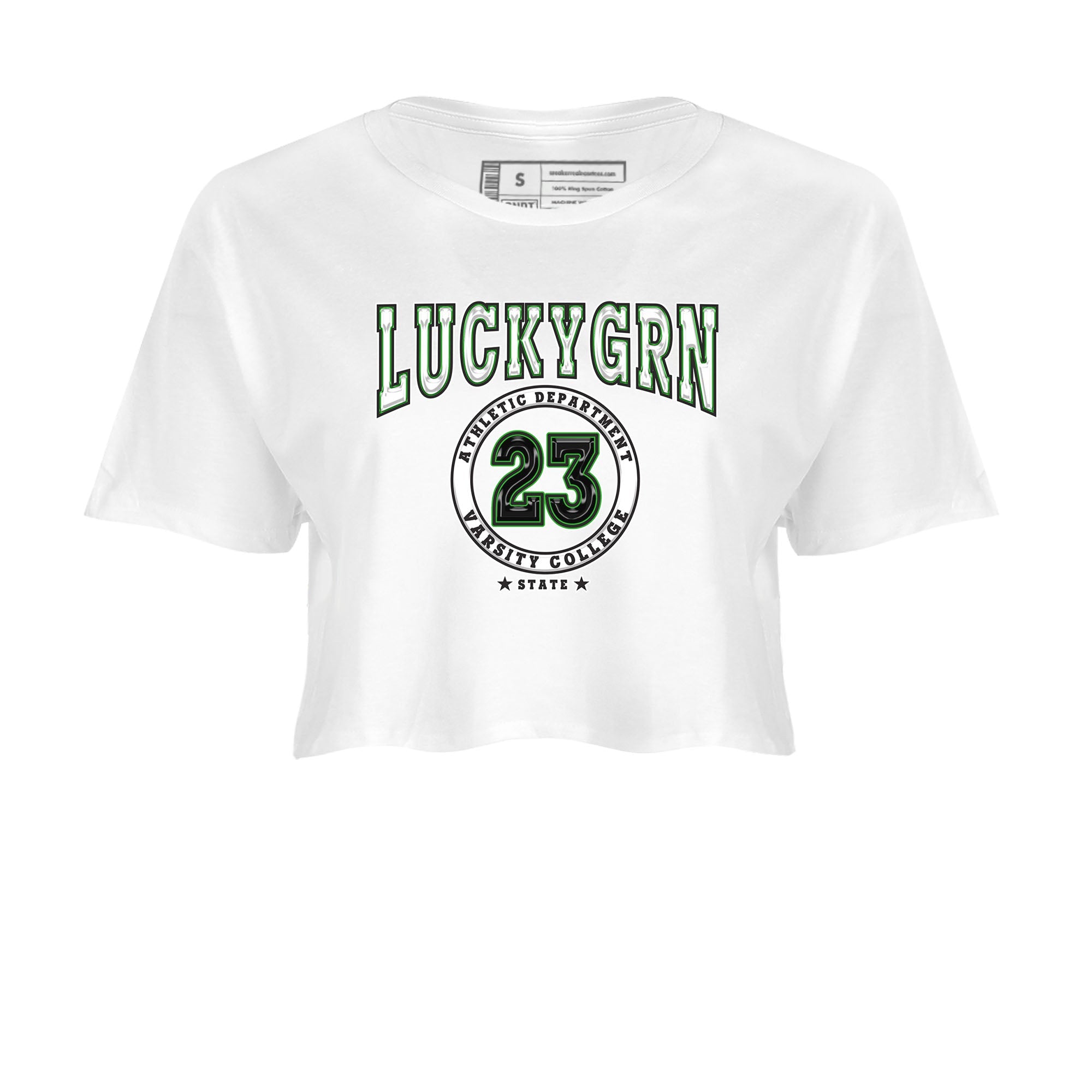 5s Lucky Green shirt to match jordans Varsity sneaker tees Air Jordan 5 Lucky Green SNRT Sneaker Release Tees White 2 crop length shirt