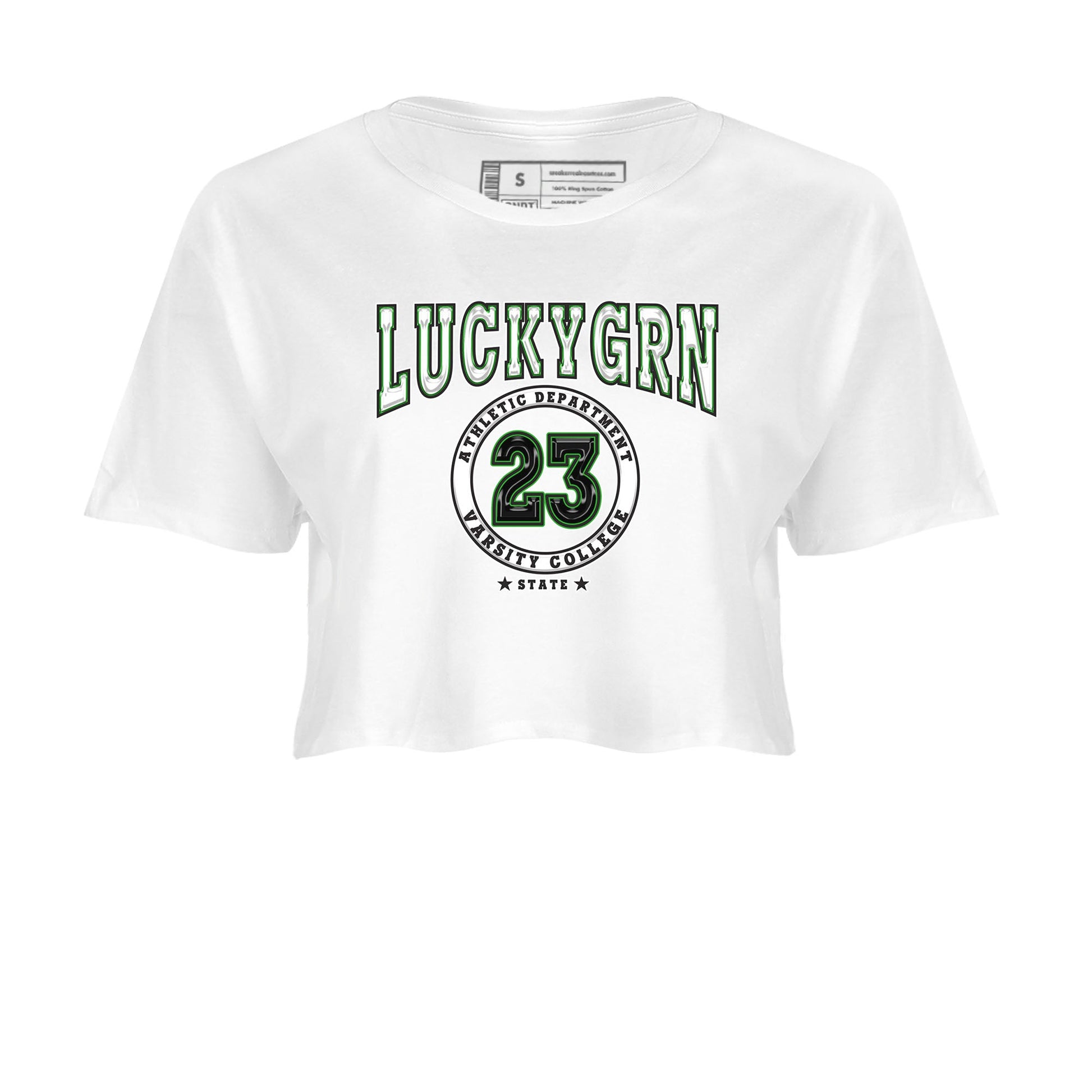 5s Lucky Green shirt to match jordans Varsity sneaker tees Air Jordan 5 Lucky Green SNRT Sneaker Release Tees White 2 crop length shirt