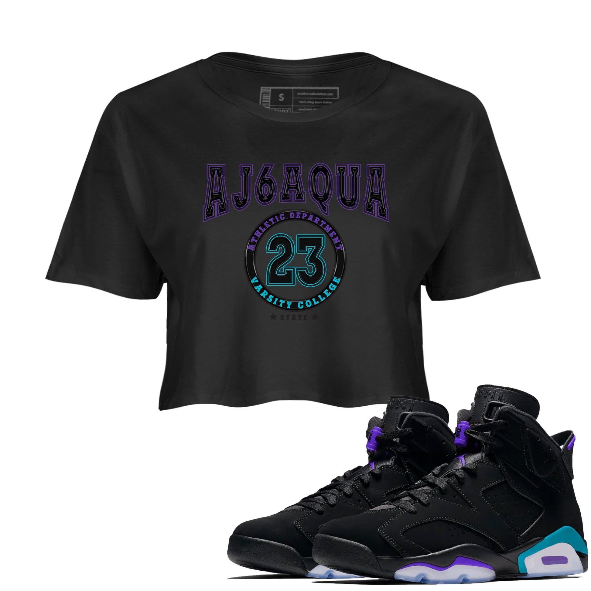 AJ6 Aqua shirt to match jordans Varsity sneaker release tees Air Jordan 6 Aqua SNRT Sneaker Tees Black 1 Crop T-Shirt