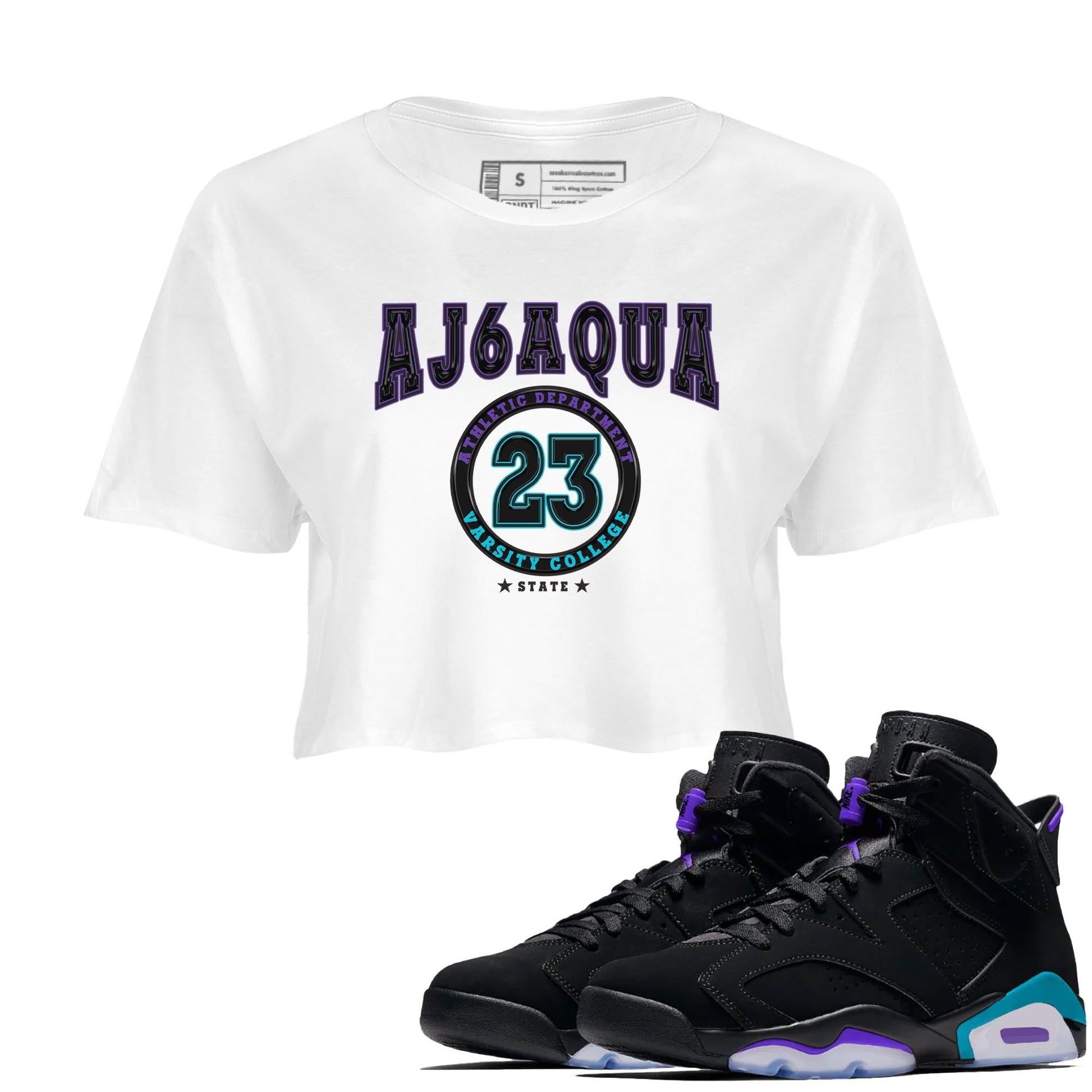 AJ6 Aqua shirt to match jordans Varsity sneaker release tees Air Jordan 6 Aqua SNRT Sneaker Tees White 1 Crop T-Shirt