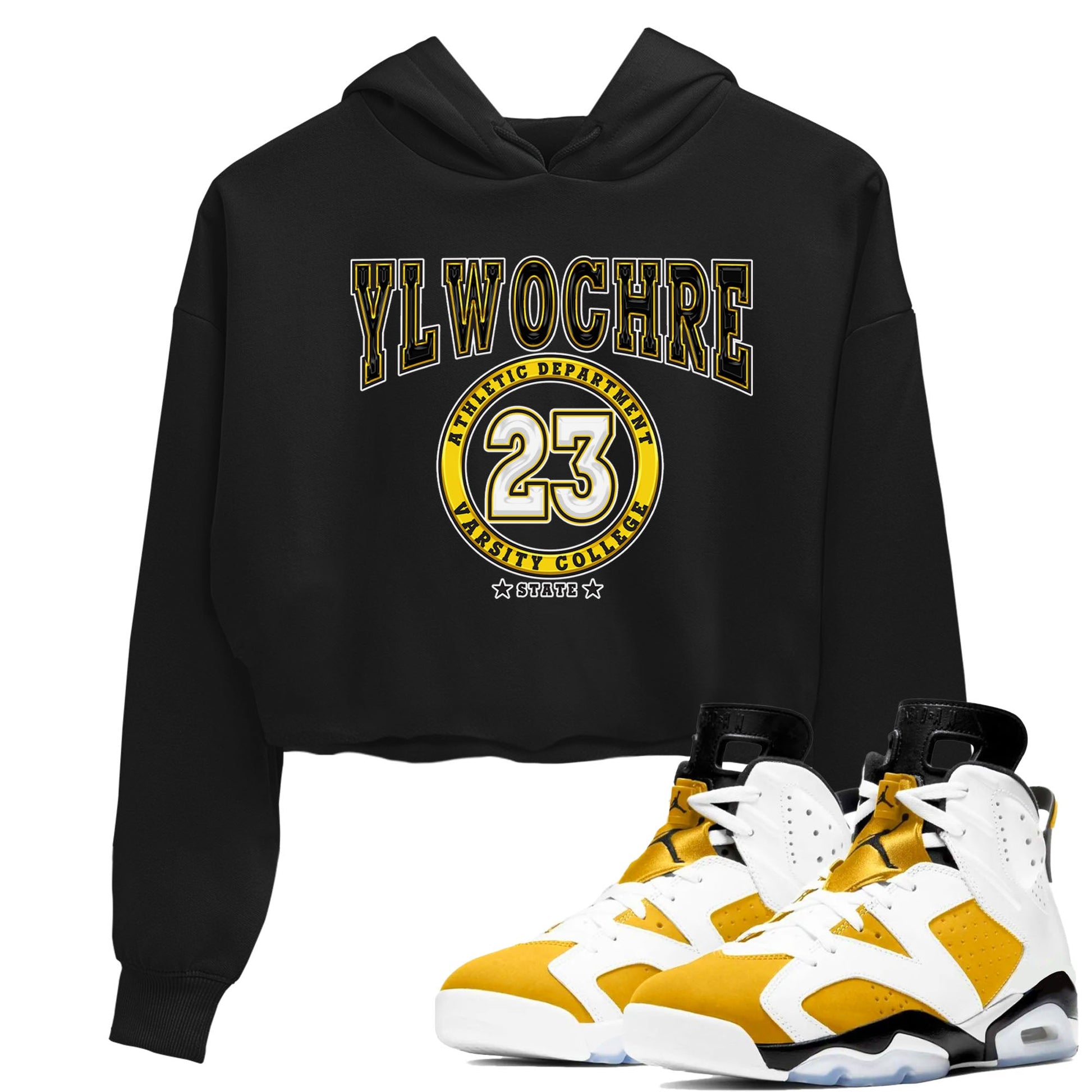Varsity sneaker match tees to Yellow Ochre 6s street fashion brand for shirts to match Jordans SNRT Sneaker Tees Air Jordan 6 Yellow Ochre unisex t-shirt Black 1 crop shirt