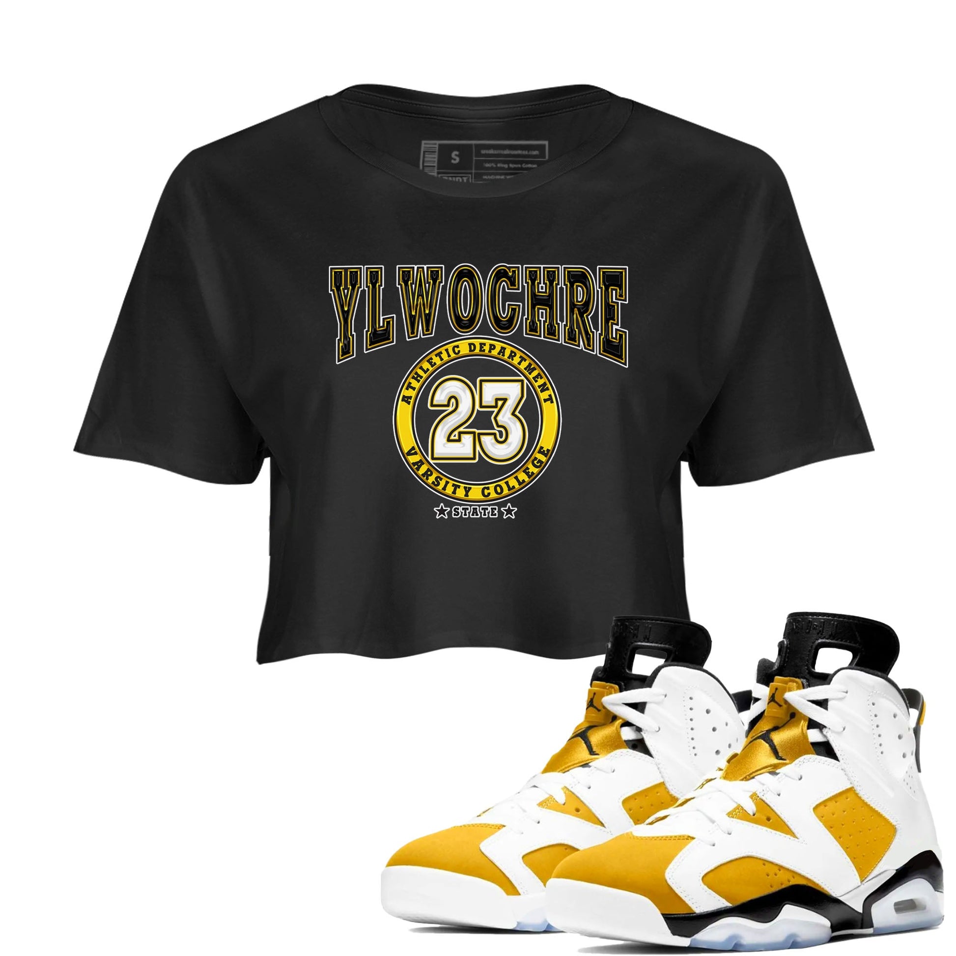 Varsity sneaker match tees to Yellow Ochre 6s street fashion brand for shirts to match Jordans SNRT Sneaker Tees Air Jordan 6 Yellow Ochre unisex t-shirt Black 1 crop shirt