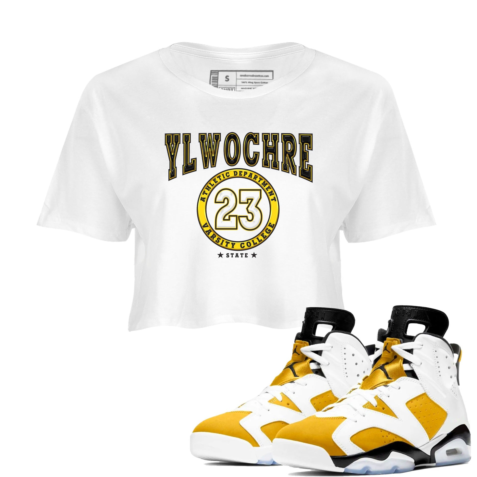 Varsity sneaker match tees to Yellow Ochre 6s street fashion brand for shirts to match Jordans SNRT Sneaker Tees Air Jordan 6 Yellow Ochre unisex t-shirt White 1 crop shirt