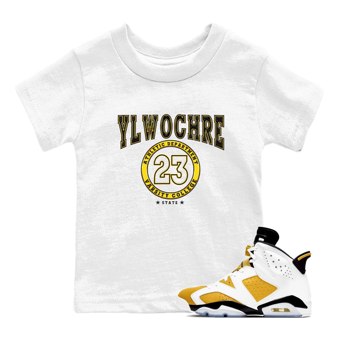 Varsity sneaker match tees to Yellow Ochre 6s street fashion brand for shirts to match Jordans SNRT Sneaker Tees Air Jordan 6 Yellow Ochre unisex t-shirt White 1 youth shirt