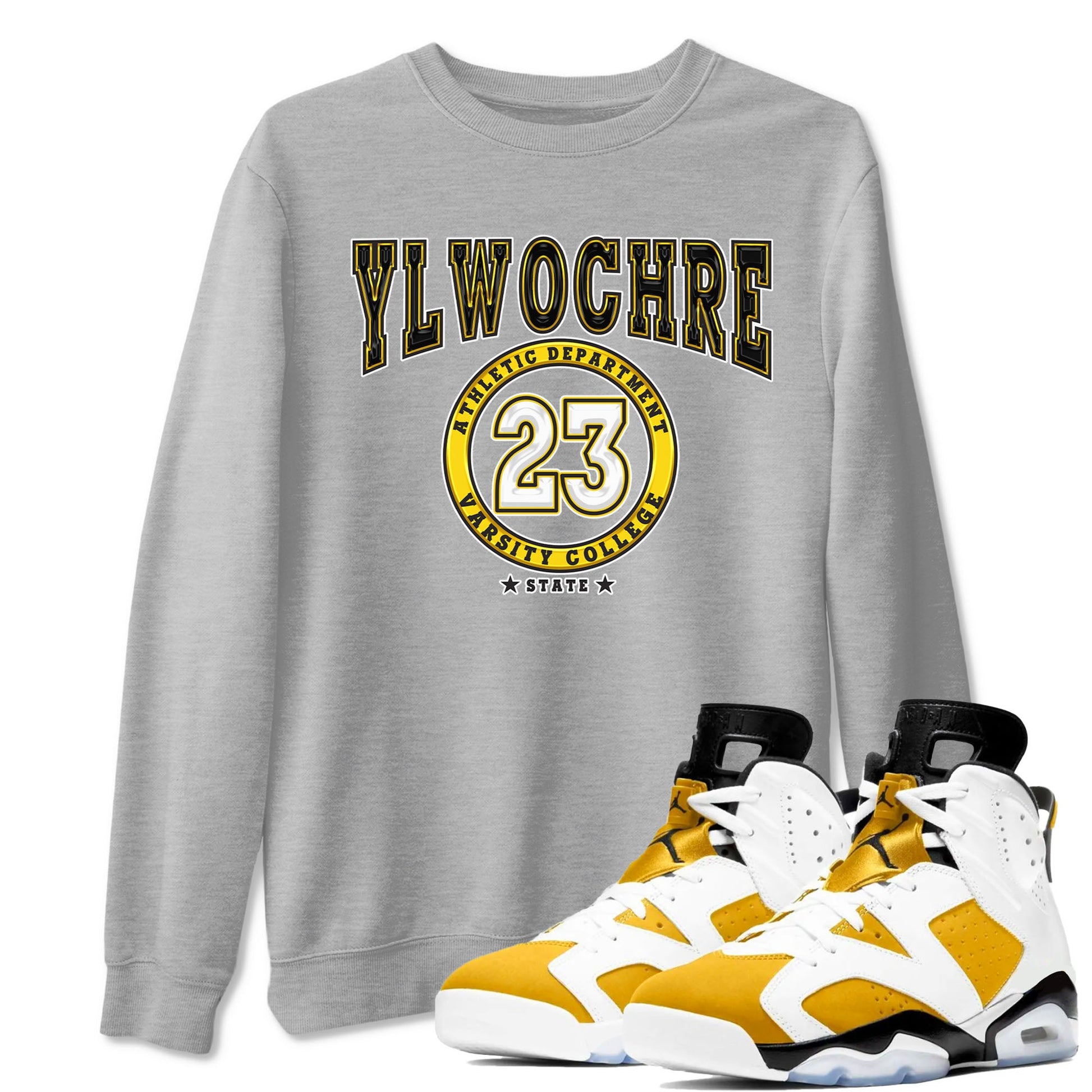 Varsity sneaker match tees to Yellow Ochre 6s street fashion brand for shirts to match Jordans SNRT Sneaker Tees Air Jordan 6 Yellow Ochre unisex t-shirt Heather Grey 1 unisex shirt