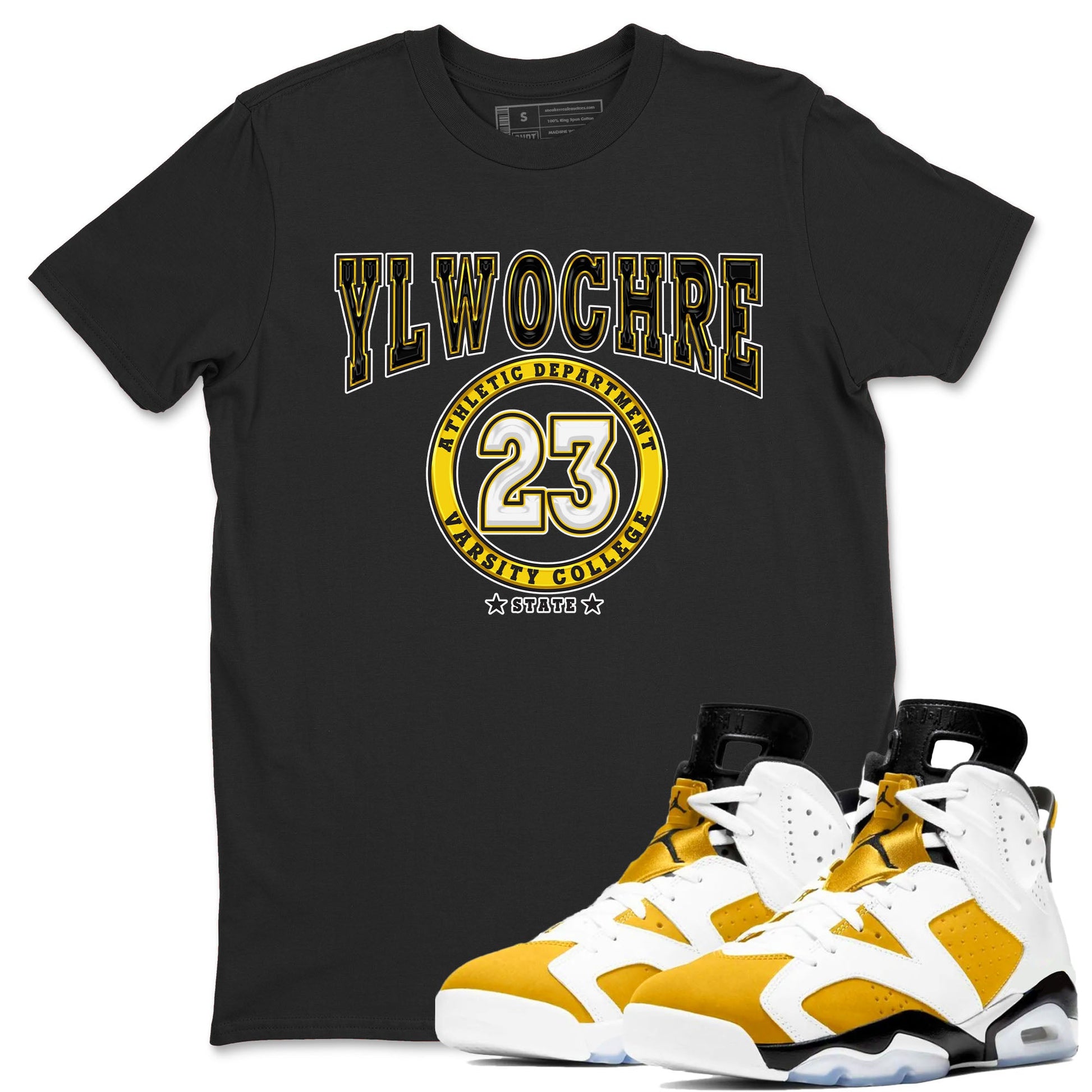 Varsity sneaker match tees to Yellow Ochre 6s street fashion brand for shirts to match Jordans SNRT Sneaker Tees Air Jordan 6 Yellow Ochre unisex t-shirt Black 1 unisex shirt