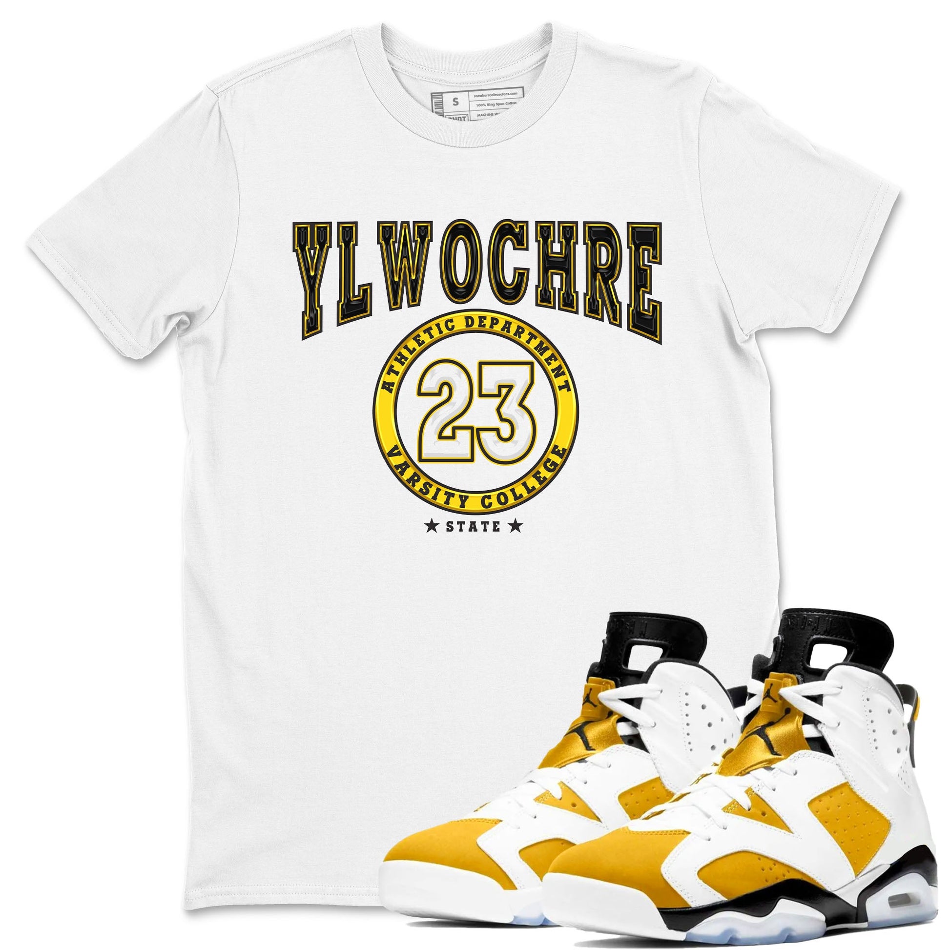 Varsity sneaker match tees to Yellow Ochre 6s street fashion brand for shirts to match Jordans SNRT Sneaker Tees Air Jordan 6 Yellow Ochre unisex t-shirt White 1 unisex shirt