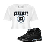Air Jordan 7 Chambray shirt to match jordans Varsity sneaker tees AJ7 Chambray SNRT Sneaker Release Tees White 1 Crop T-Shirt