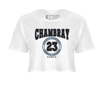 Air Jordan 7 Chambray shirt to match jordans Varsity sneaker tees AJ7 Chambray SNRT Sneaker Release Tees White 2 Crop T-Shirt