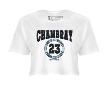 Air Jordan 7 Chambray shirt to match jordans Varsity sneaker tees AJ7 Chambray SNRT Sneaker Release Tees White 2 Crop T-Shirt