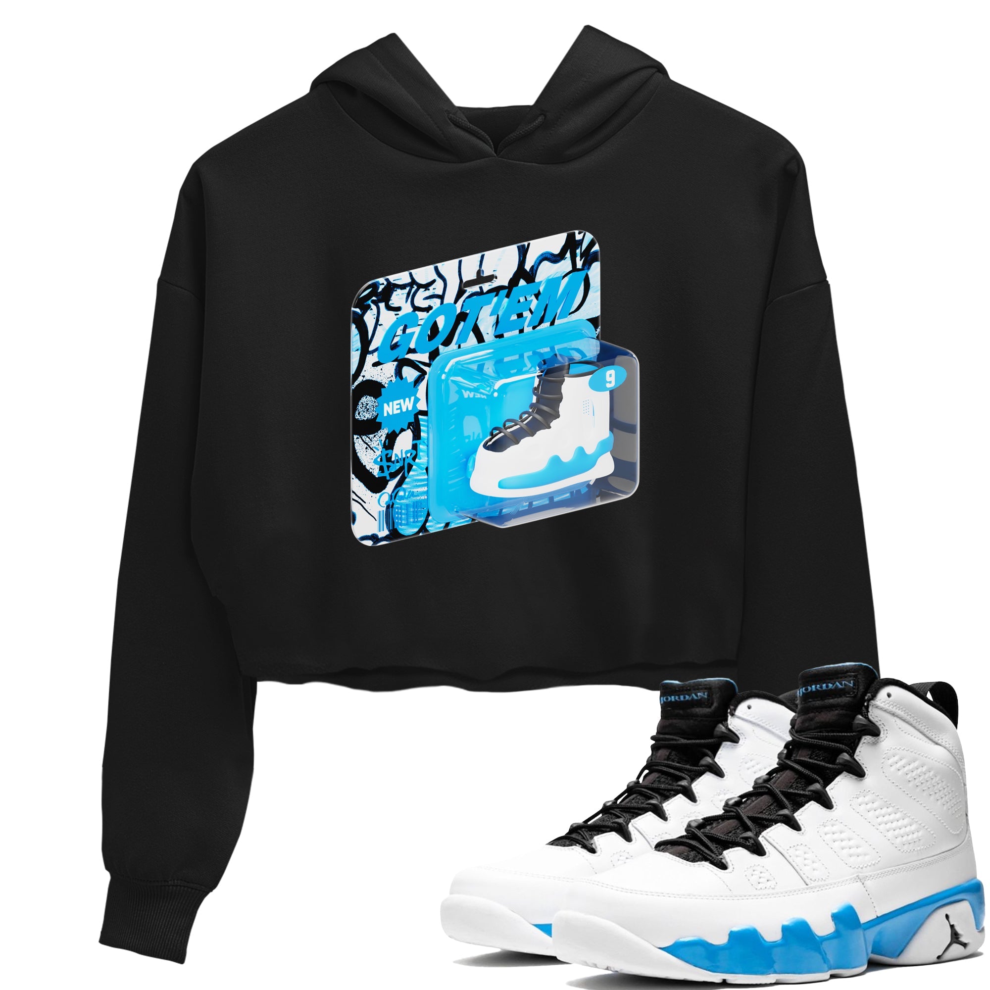 9s Powder Blue shirt to match jordans Vintage Packaging sneaker tees Air Jordan 9 Powder Blue SNRT Sneaker Release Tees Black 1 crop length shirt