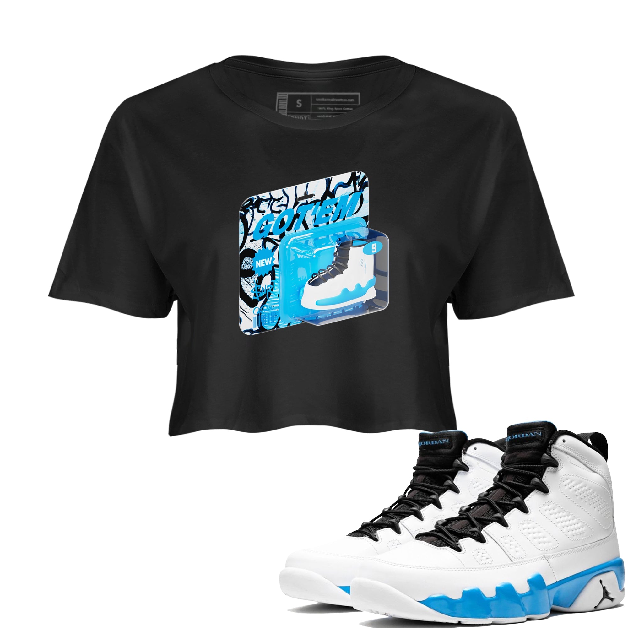 9s Powder Blue shirt to match jordans Vintage Packaging sneaker tees Air Jordan 9 Powder Blue SNRT Sneaker Release Tees Black 1 crop length shirt