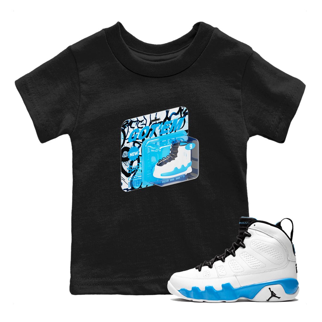 9s Powder Blue shirt to match jordans Vintage Packaging sneaker tees Air Jordan 9 Powder Blue SNRT sneaker release tees baby toddler Black 1 cotton Shirt