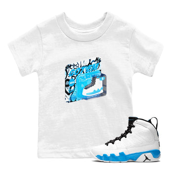 9s Powder Blue shirt to match jordans Vintage Packaging sneaker tees Air Jordan 9 Powder Blue SNRT sneaker release tees baby toddler White 1 cotton Shirt