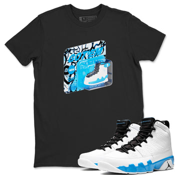9s Powder Blue shirt to match jordans Vintage Packaging sneaker tees Air Jordan 9 Powder Blue SNRT Sneaker Release Tees unisex cotton Black 1 crew neck shirt
