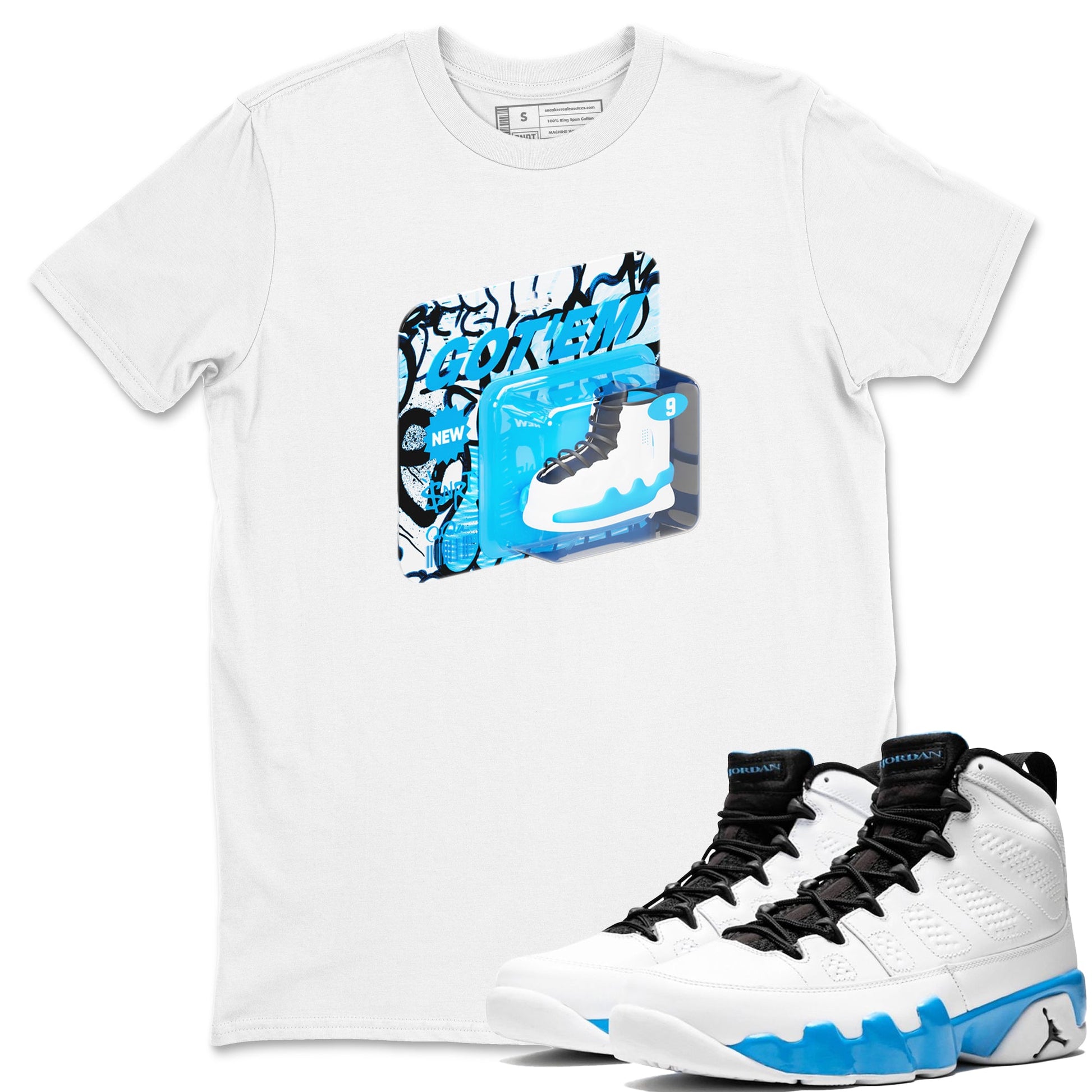 9s Powder Blue shirt to match jordans Vintage Packaging sneaker tees Air Jordan 9 Powder Blue SNRT Sneaker Release Tees unisex cotton White 1 crew neck shirt