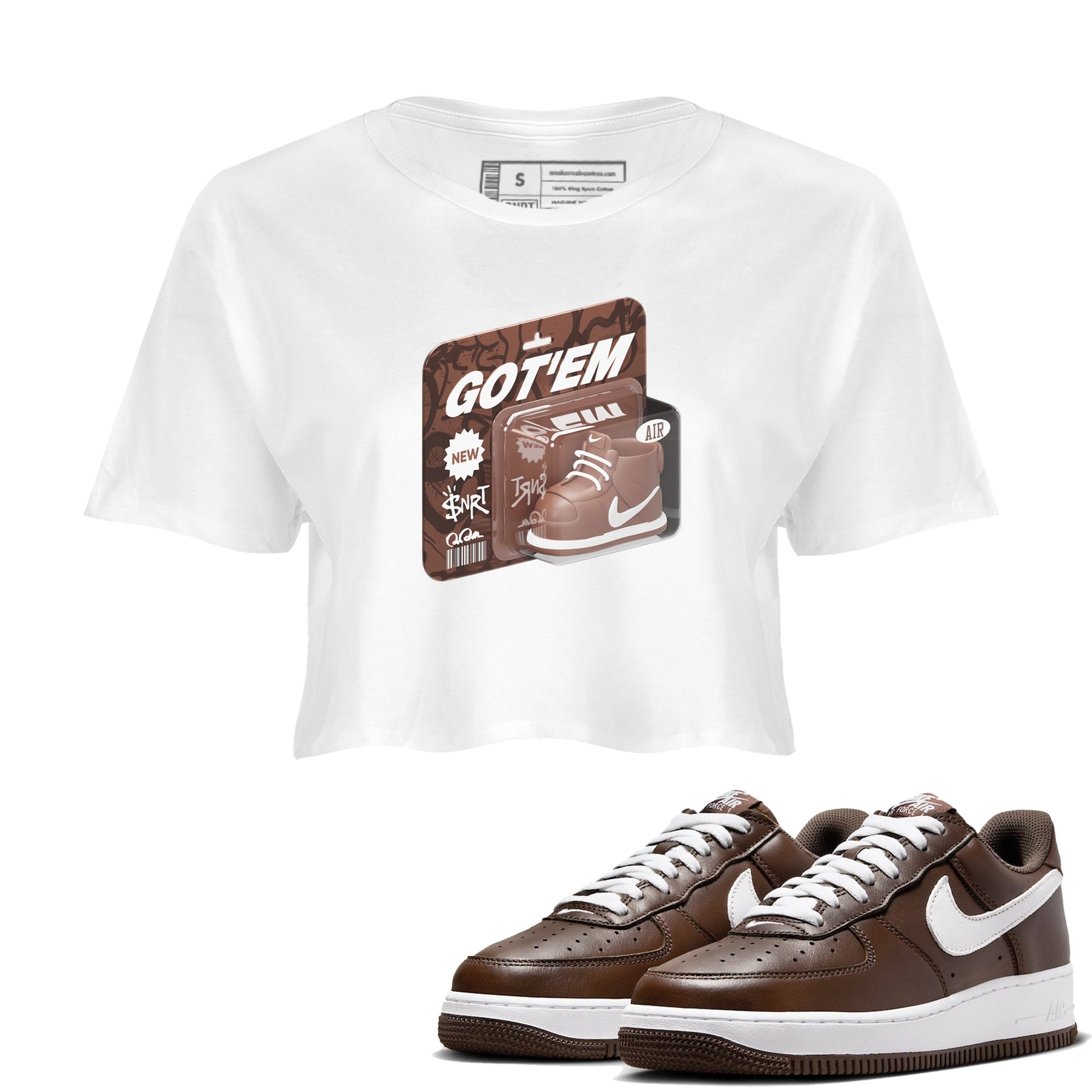 Air Force Low Chocolate shirt to match jordans Vintage Toy Packaging sneaker tees chocolate Nike Air Force Low Chocolate SNRT Sneaker Release Tees White 1 Crop T-Shirt
