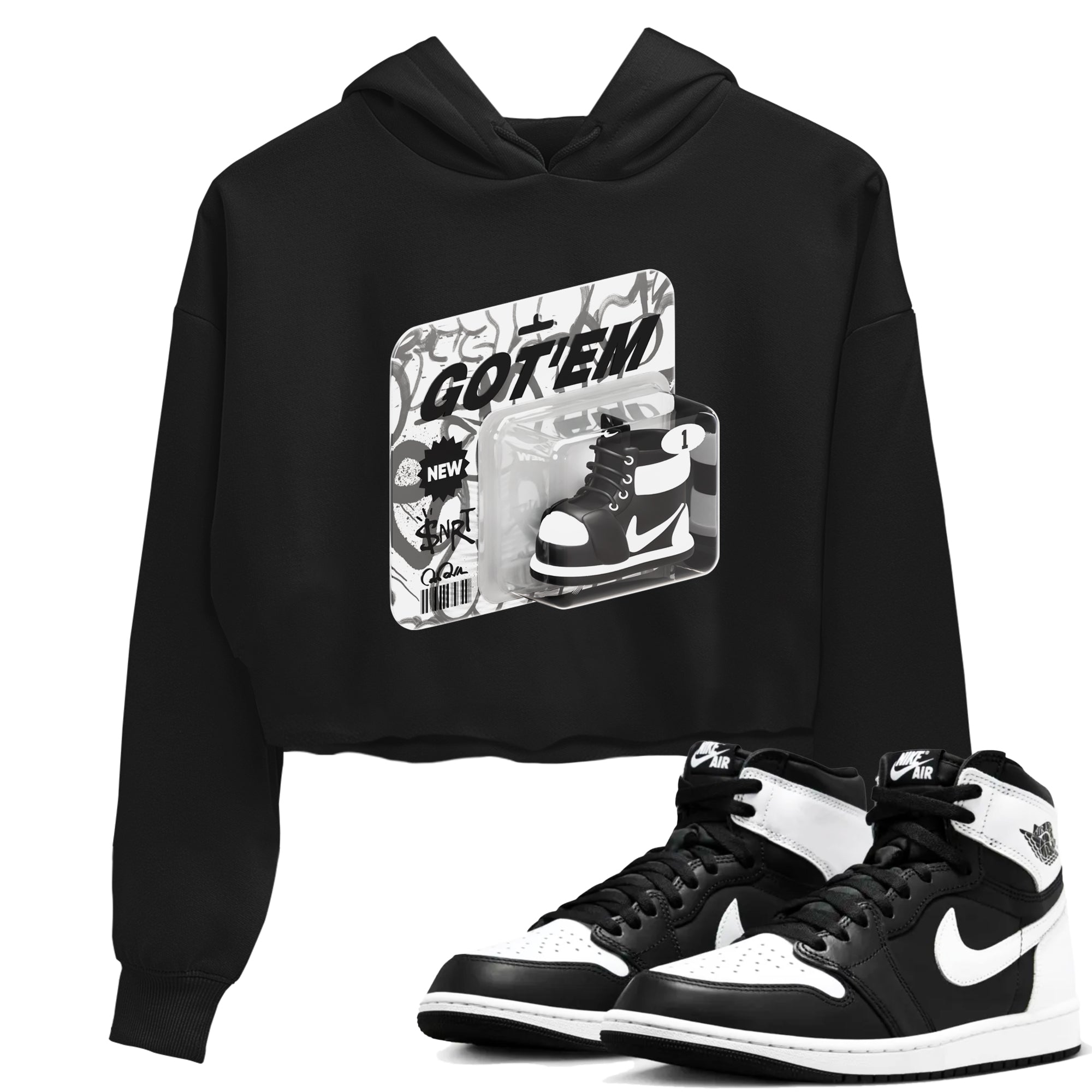 1s Black White shirt to match jordans Vintage Toy Packaging sneaker tees Air Jordan 1 High OG Black White SNRT Sneaker Release Tees Black 1 crop length shirt