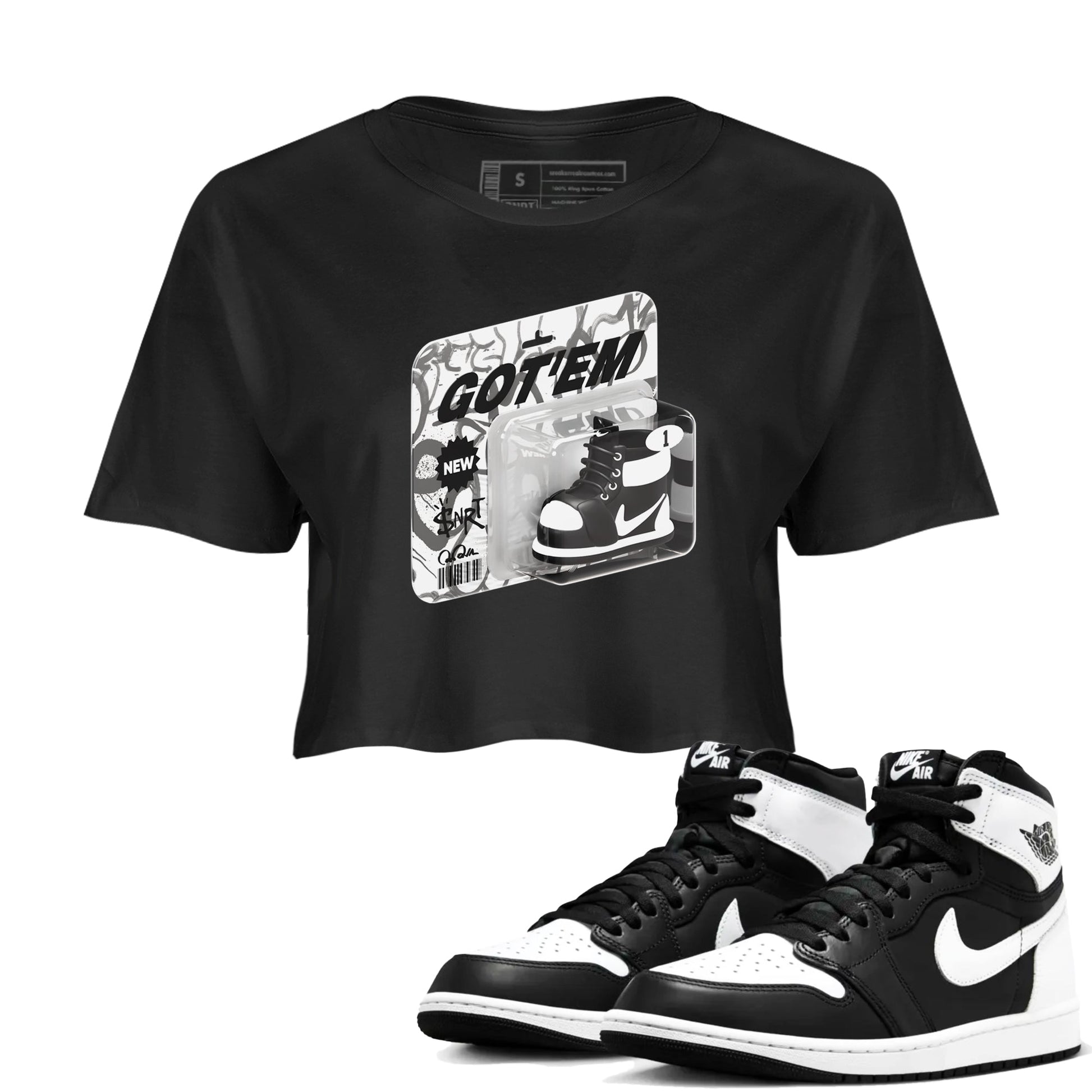 1s Black White shirt to match jordans Vintage Toy Packaging sneaker tees Air Jordan 1 High OG Black White SNRT Sneaker Release Tees Black 1 crop length shirt