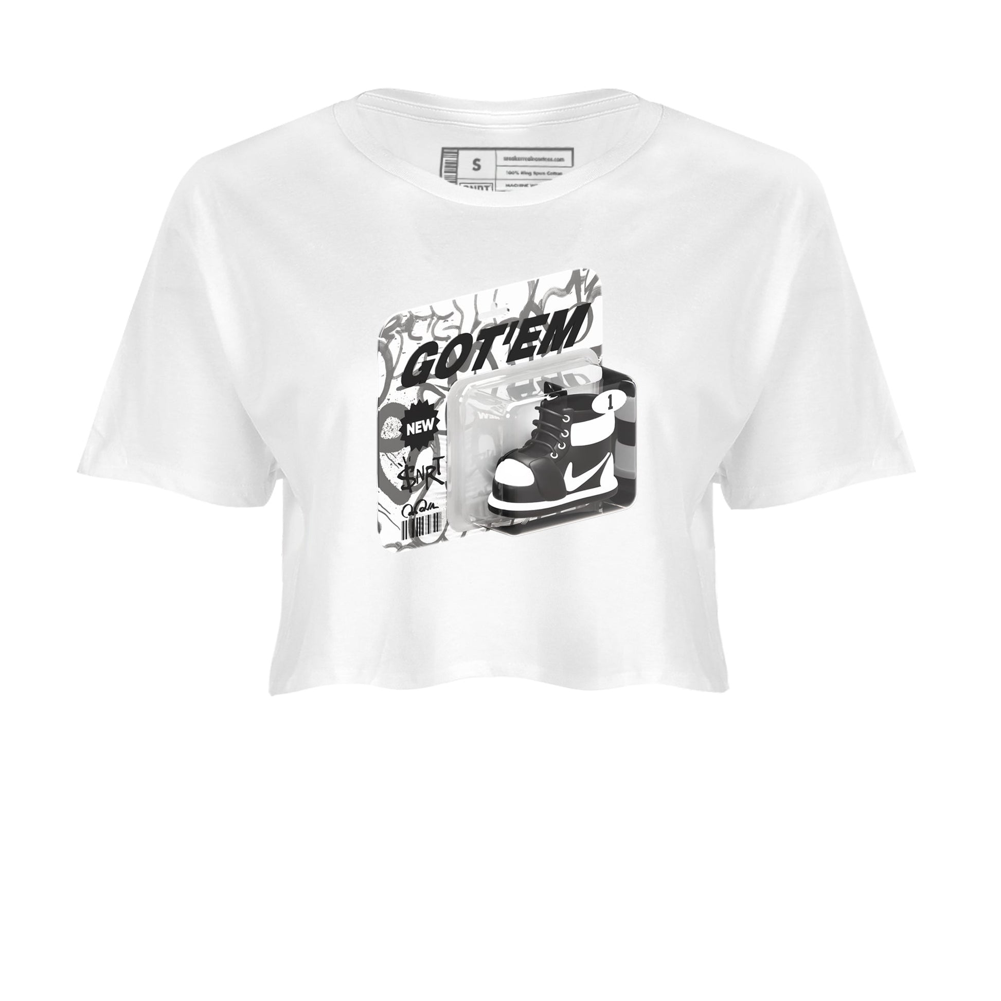 1s Black White shirt to match jordans Vintage Toy Packaging sneaker tees Air Jordan 1 High OG Black White SNRT Sneaker Release Tees White 2 crop length shirt