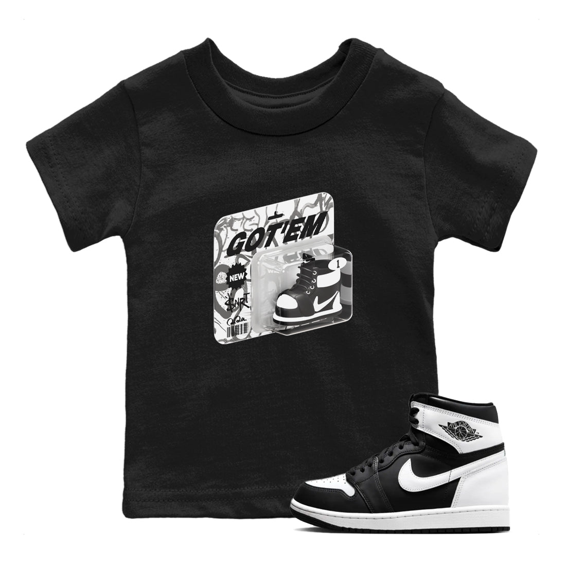 1s Black White shirt to match jordans Vintage Toy Packaging sneaker tees Air Jordan 1 High OG Black White SNRT sneaker release tees baby toddler Black 1 cotton Shirt