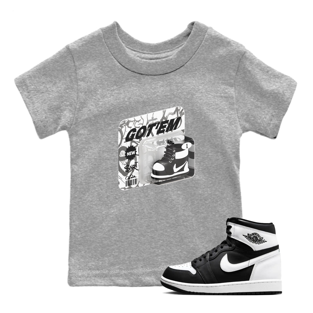 1s Black White shirt to match jordans Vintage Toy Packaging sneaker tees Air Jordan 1 High OG Black White SNRT sneaker release tees baby toddler Heather Grey 1 cotton Shirt