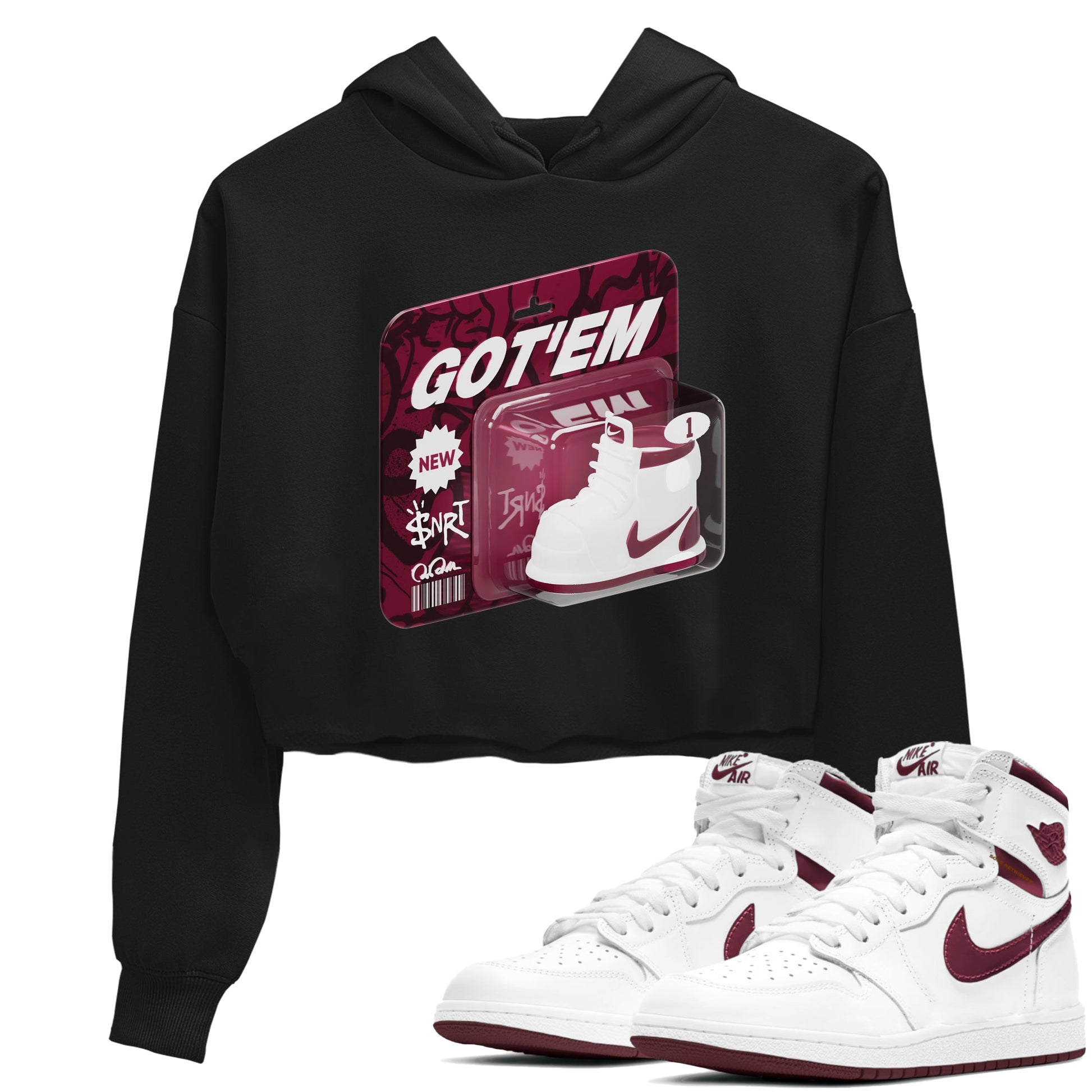 1s Metallic Burgundy shirt to match jordans Vintage Toy Packaging sneaker tees AJ1 Metallic Burgundy SNRT Sneaker Release Tees Black 1 Crop T-Shirt