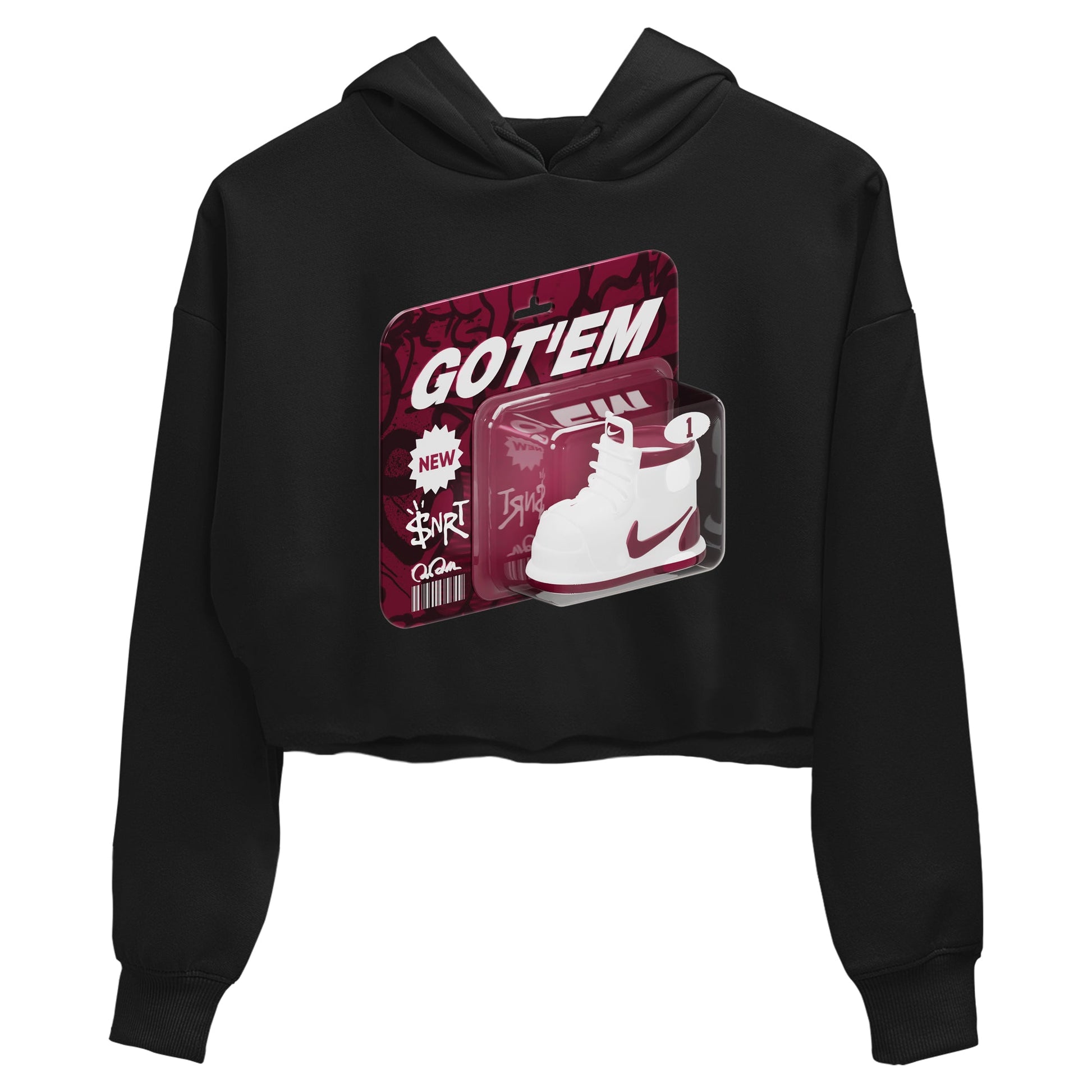 1s Metallic Burgundy shirt to match jordans Vintage Toy Packaging sneaker tees AJ1 Metallic Burgundy SNRT Sneaker Release Tees Black 2 Crop T-Shirt