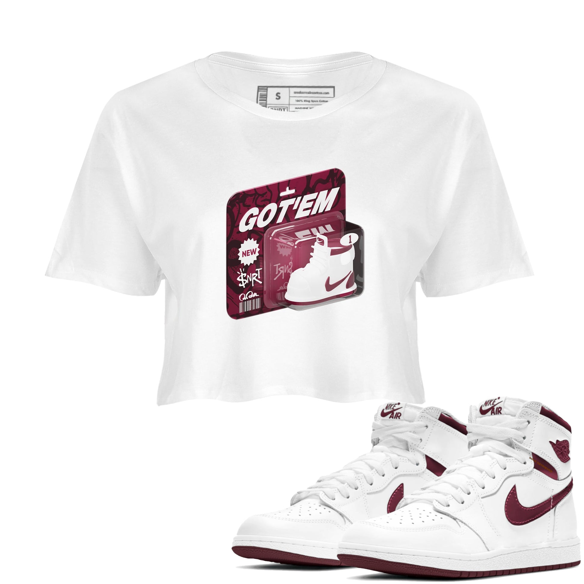 1s Metallic Burgundy shirt to match jordans Vintage Toy Packaging sneaker tees AJ1 Metallic Burgundy SNRT Sneaker Release Tees White 1 Crop T-Shirt