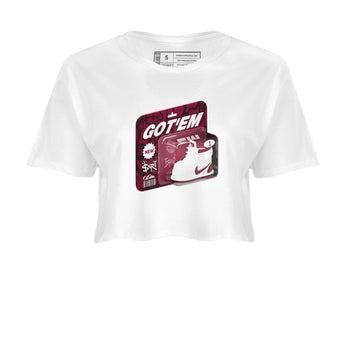 1s Metallic Burgundy shirt to match jordans Vintage Toy Packaging sneaker tees AJ1 Metallic Burgundy SNRT Sneaker Release Tees White 2 Crop T-Shirt