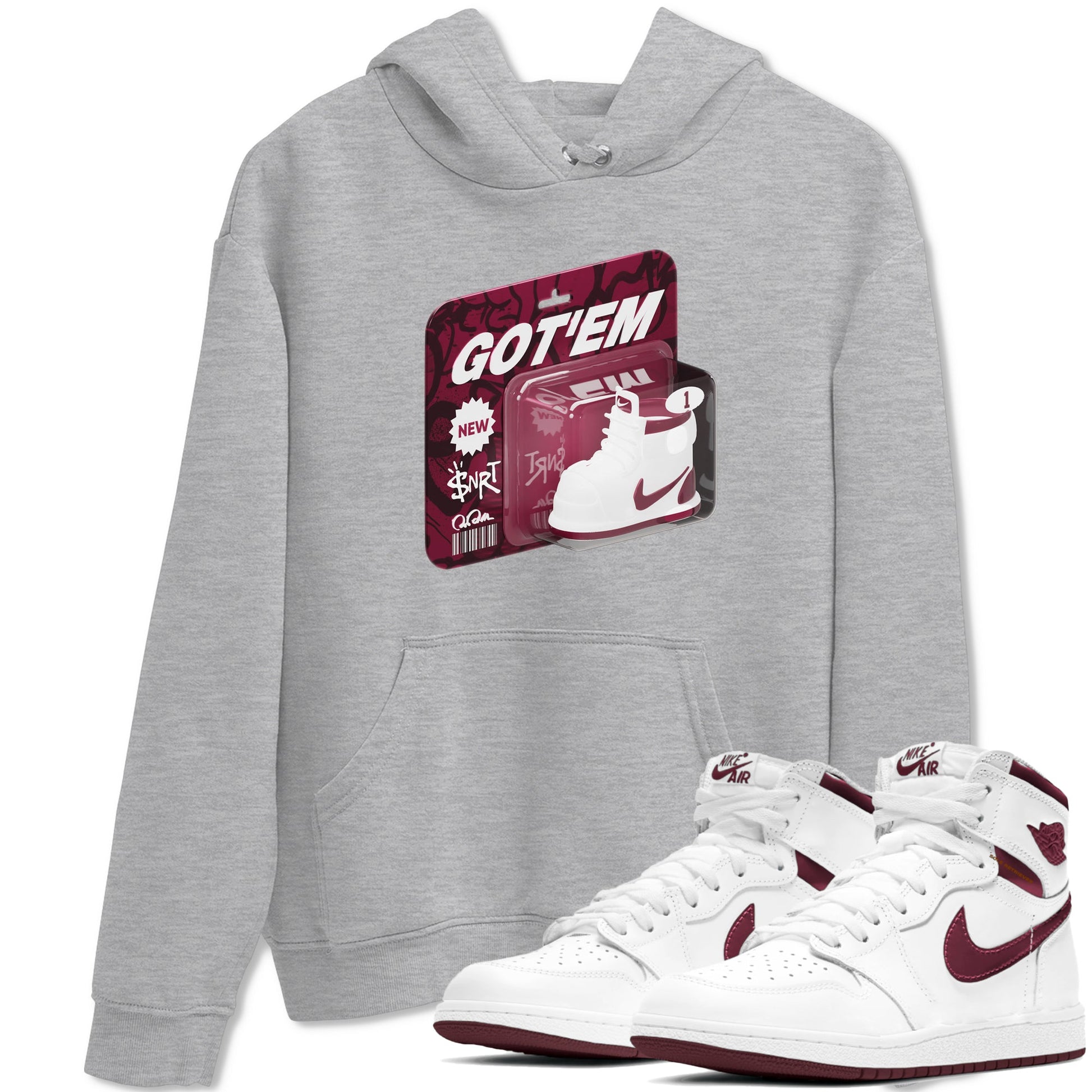 1s Metallic Burgundy shirt to match jordans Vintage Toy Packaging sneaker tees AJ1 Metallic Burgundy SNRT Sneaker Release Tees Unisex Heather Grey 1 T-Shirt