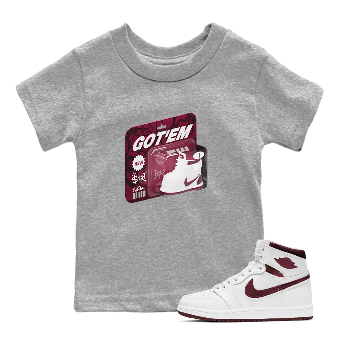 1s Metallic Burgundy shirt to match jordans Vintage Toy Packaging sneaker tees AJ1 Metallic Burgundy SNRT Sneaker Release Tees Baby Toddler Heather Grey 1 T-Shirt