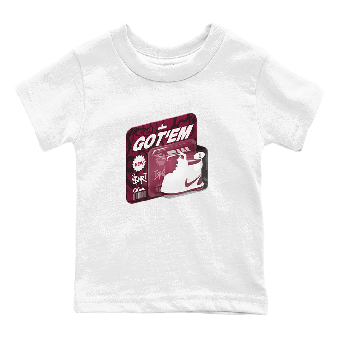 1s Metallic Burgundy shirt to match jordans Vintage Toy Packaging sneaker tees AJ1 Metallic Burgundy SNRT Sneaker Release Tees Baby Toddler White 2 T-Shirt