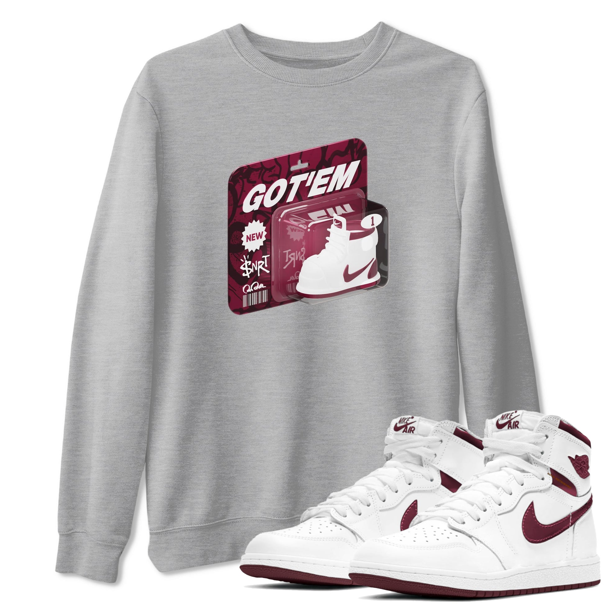 1s Metallic Burgundy shirt to match jordans Vintage Toy Packaging sneaker tees AJ1 Metallic Burgundy SNRT Sneaker Release Tees Unisex Heather Grey 1 T-Shirt