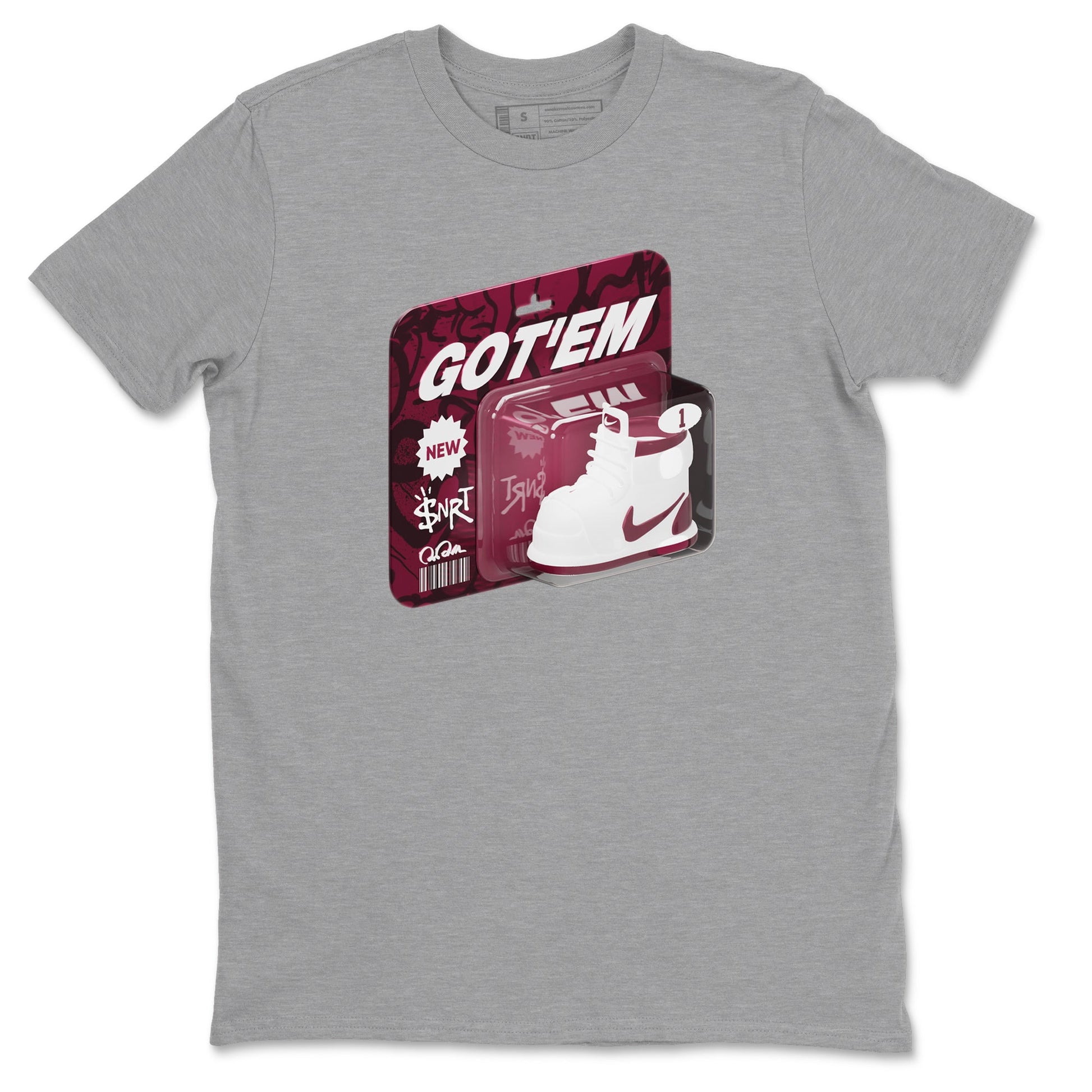 1s Metallic Burgundy shirt to match jordans Vintage Toy Packaging sneaker tees AJ1 Metallic Burgundy SNRT Sneaker Release Tees Unisex Heather Grey 2 T-Shirt